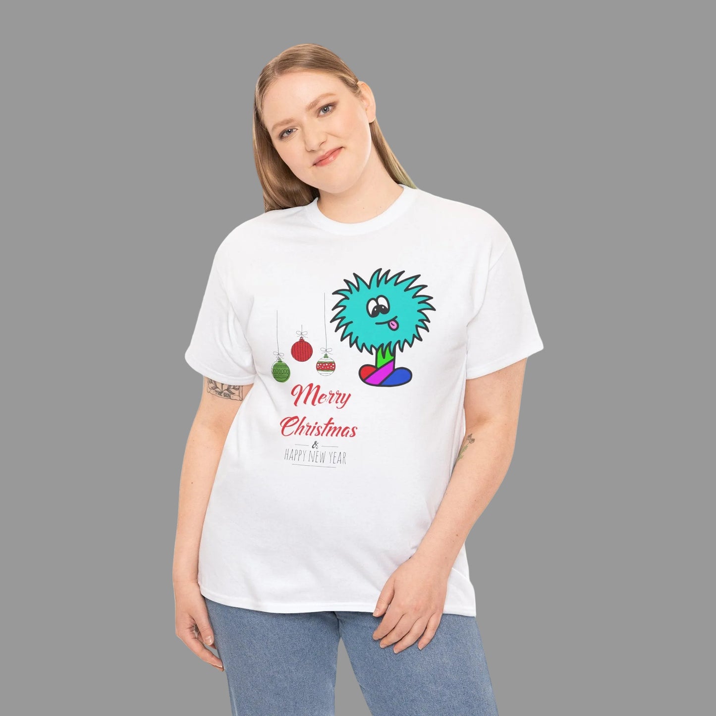 Adult Size Christmas Holiday Design featuring FUN Cartoon WAGO with Christmas Decorations, Unisex Heavy Cotton Tee