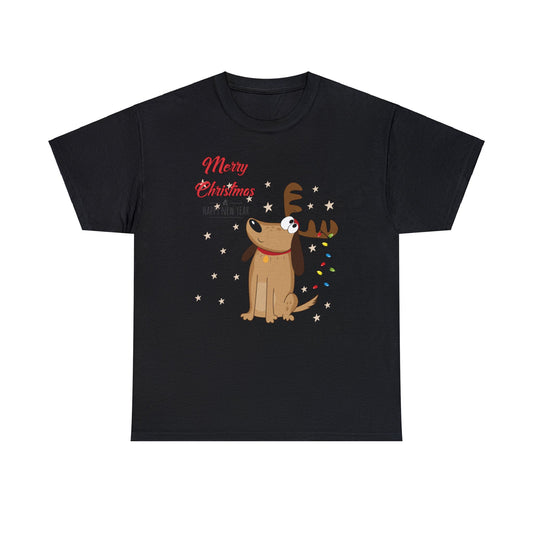 Adult Size Fun Holiday Dog Reindeer saying "Merry Christmas & Happy New Year" with Holiday Lights and Snowflakes, Unisex Heavy Cotton Tee