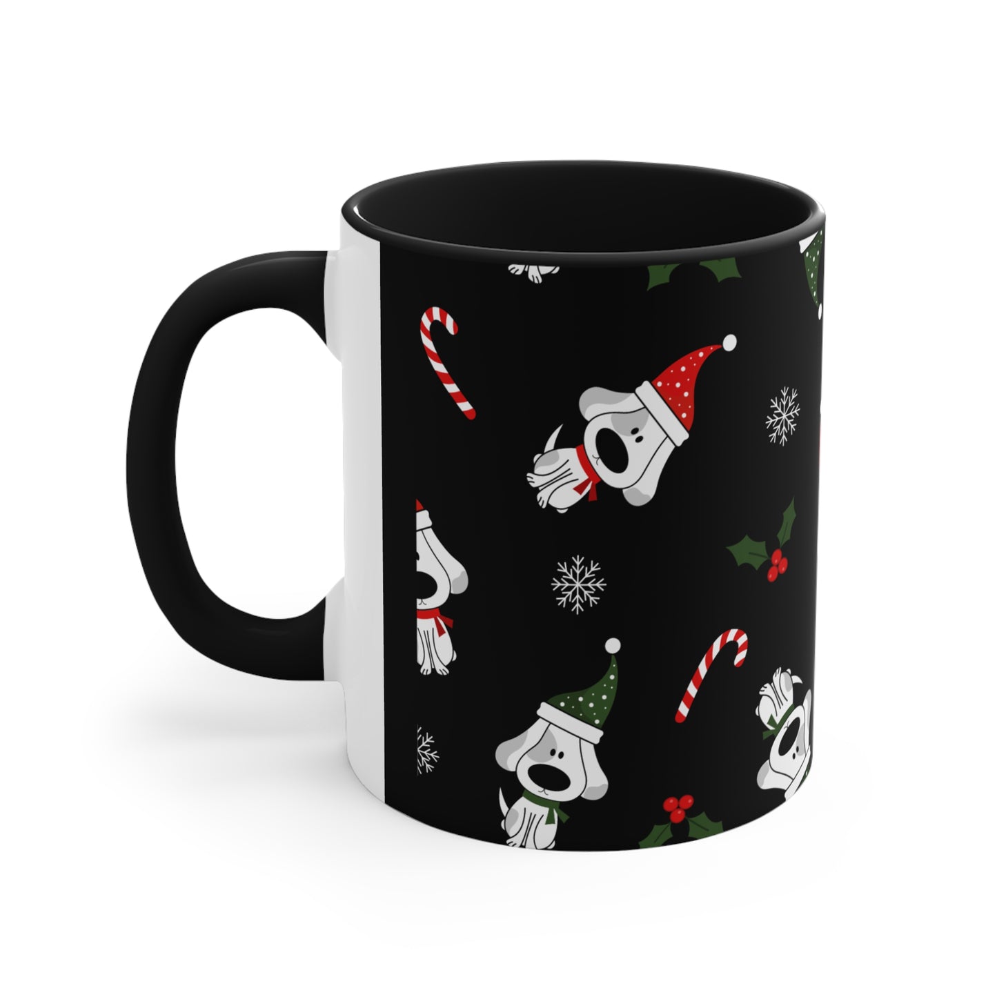 Christmas Coffee Mug with Fun Dog Design, Santa Hat, Candy Canes and Snow Flakes, 11oz