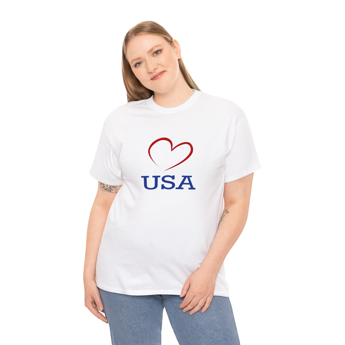 Unisex Heavy Cotton Tee with Red Heart and I Love USA Design