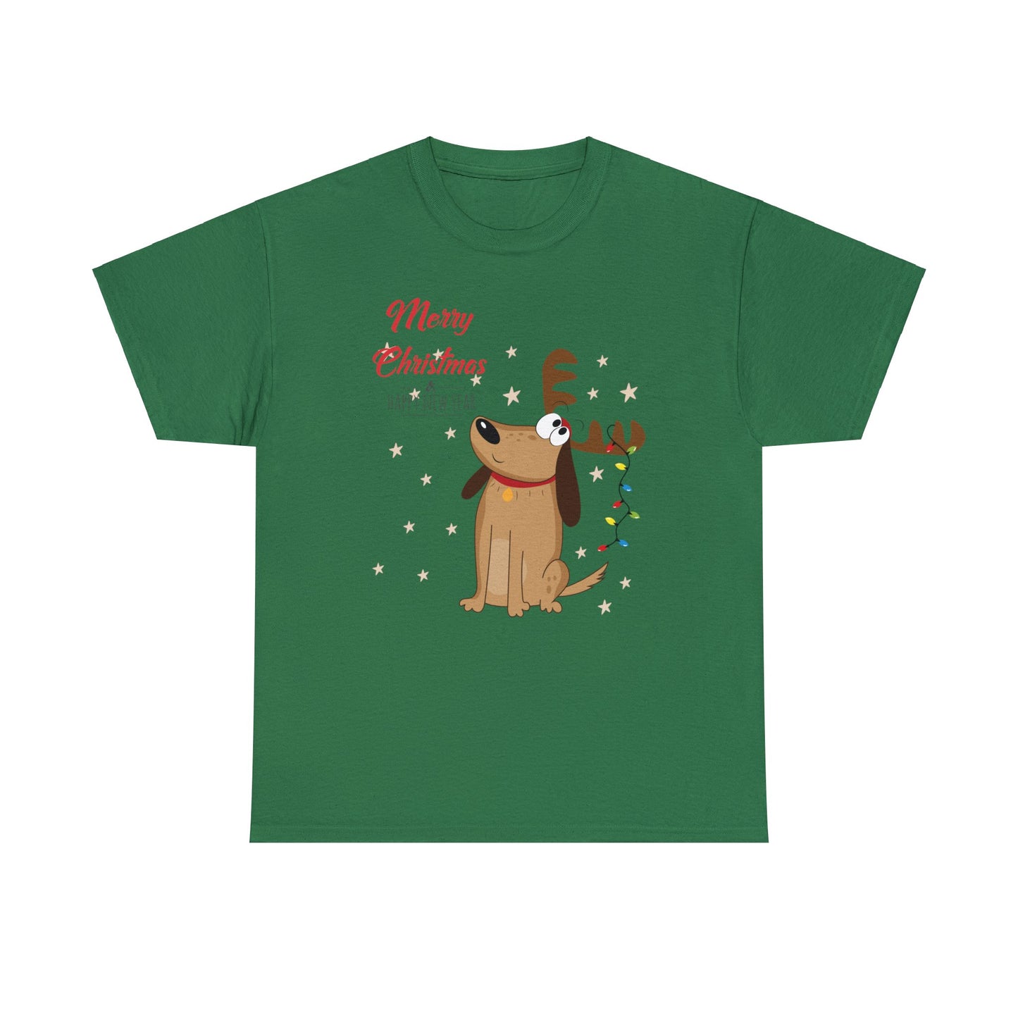 Adult Size Fun Holiday Dog Reindeer saying "Merry Christmas & Happy New Year" with Holiday Lights and Snowflakes, Unisex Heavy Cotton Tee