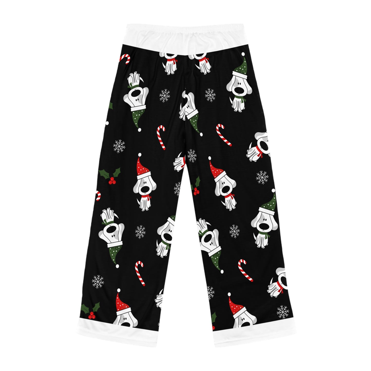 Women's Pajama Pants, Fun Christmas Dog Design with Santa Hat, Candy Canes and Snow Flakes