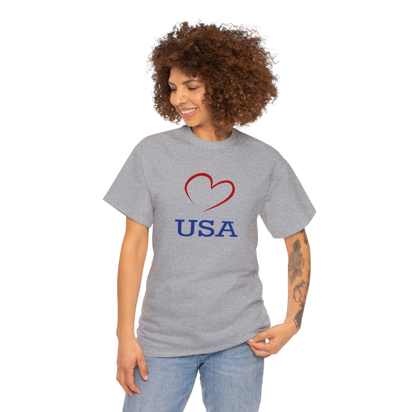 Unisex Heavy Cotton Tee with Red Heart and I Love USA Design