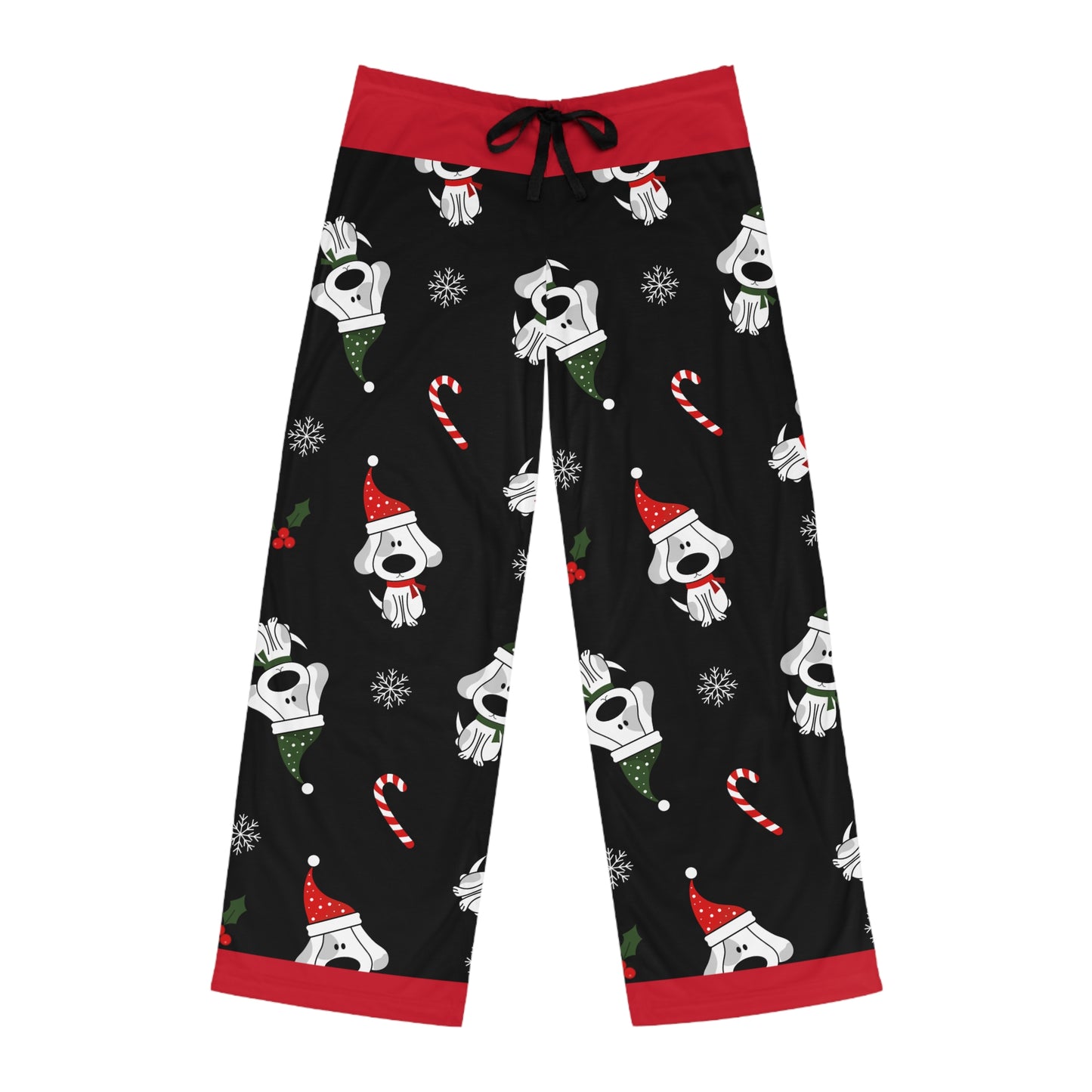 Men's Pajama Pants, Fun Christmas Dog Design with Santa Hat, Candy Canes and Snow Flakes