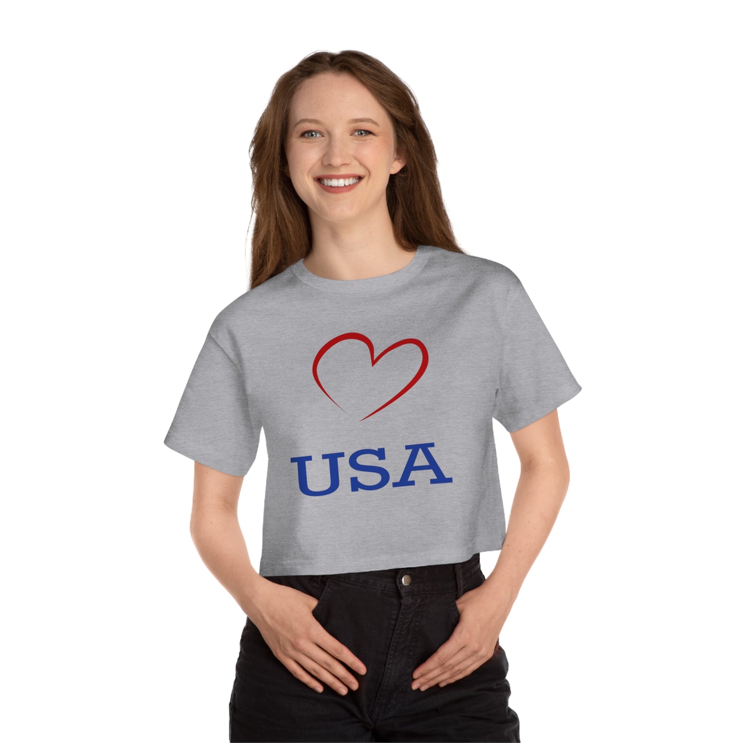 Copy of Champion Women's Heritage Cropped T-Shirt with Love USA Design, with Red Heart, USA