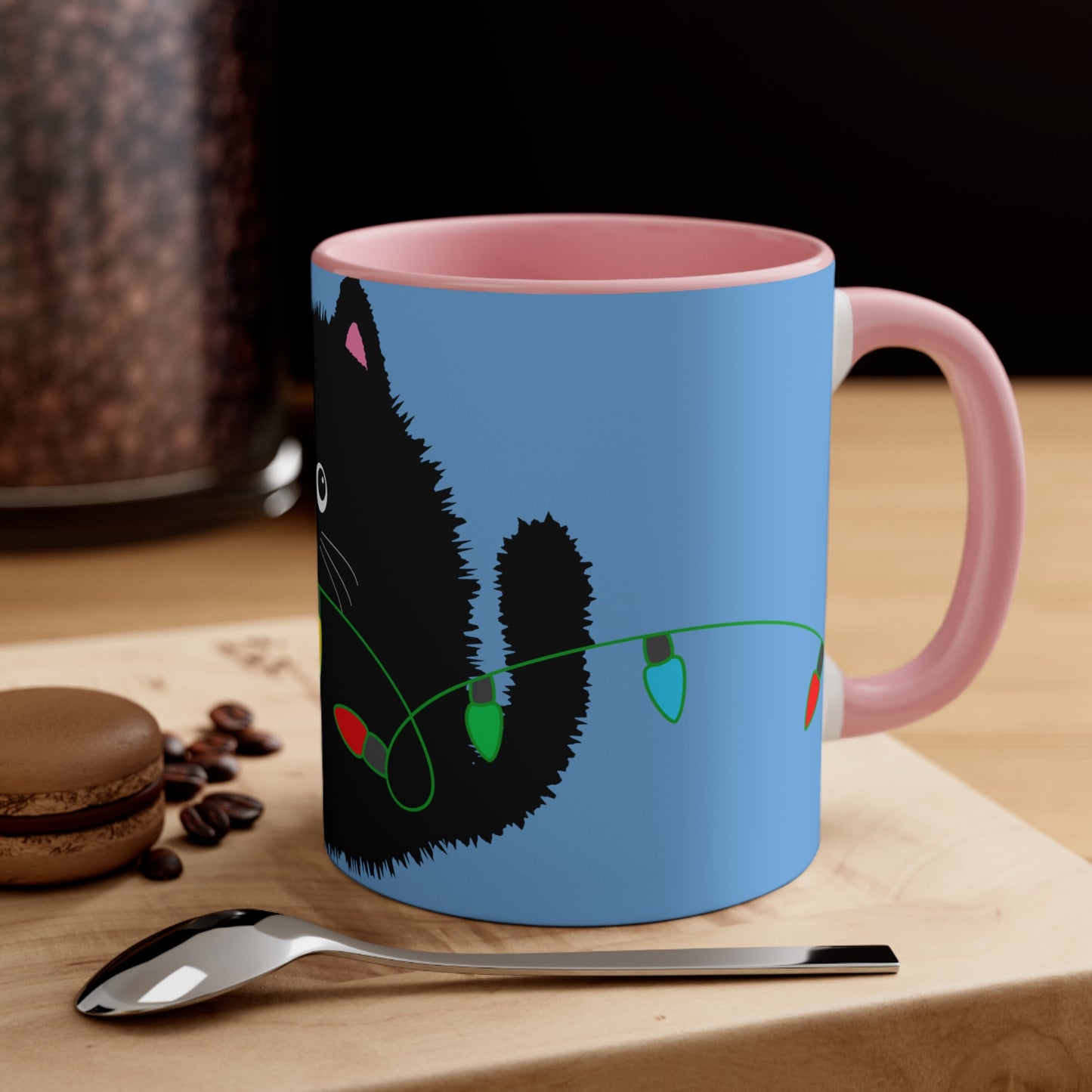 Adorable Cartoon Black Fluffy Cat with Christmas Lights Accent Coffee Mug, 11oz