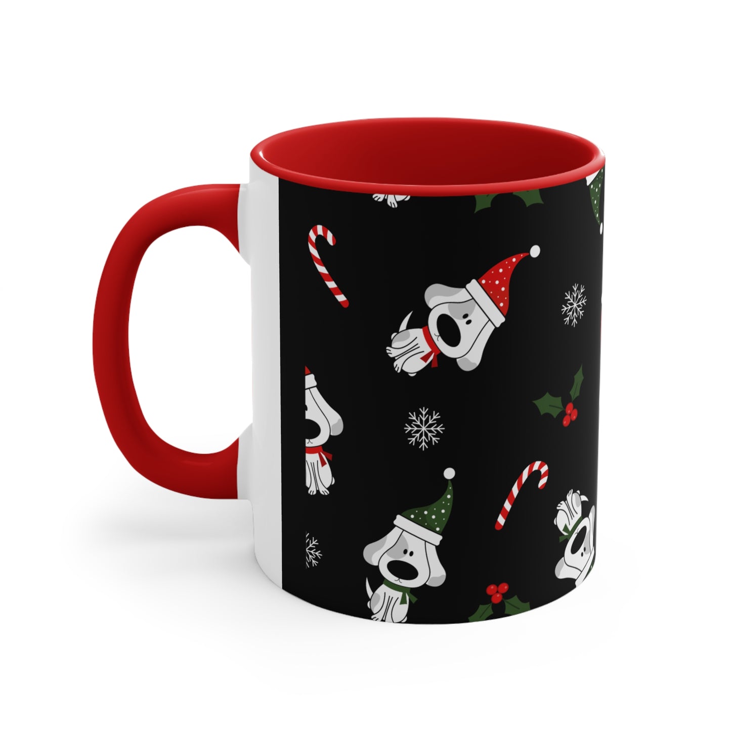 Christmas Coffee Mug with Fun Dog Design, Santa Hat, Candy Canes and Snow Flakes, 11oz