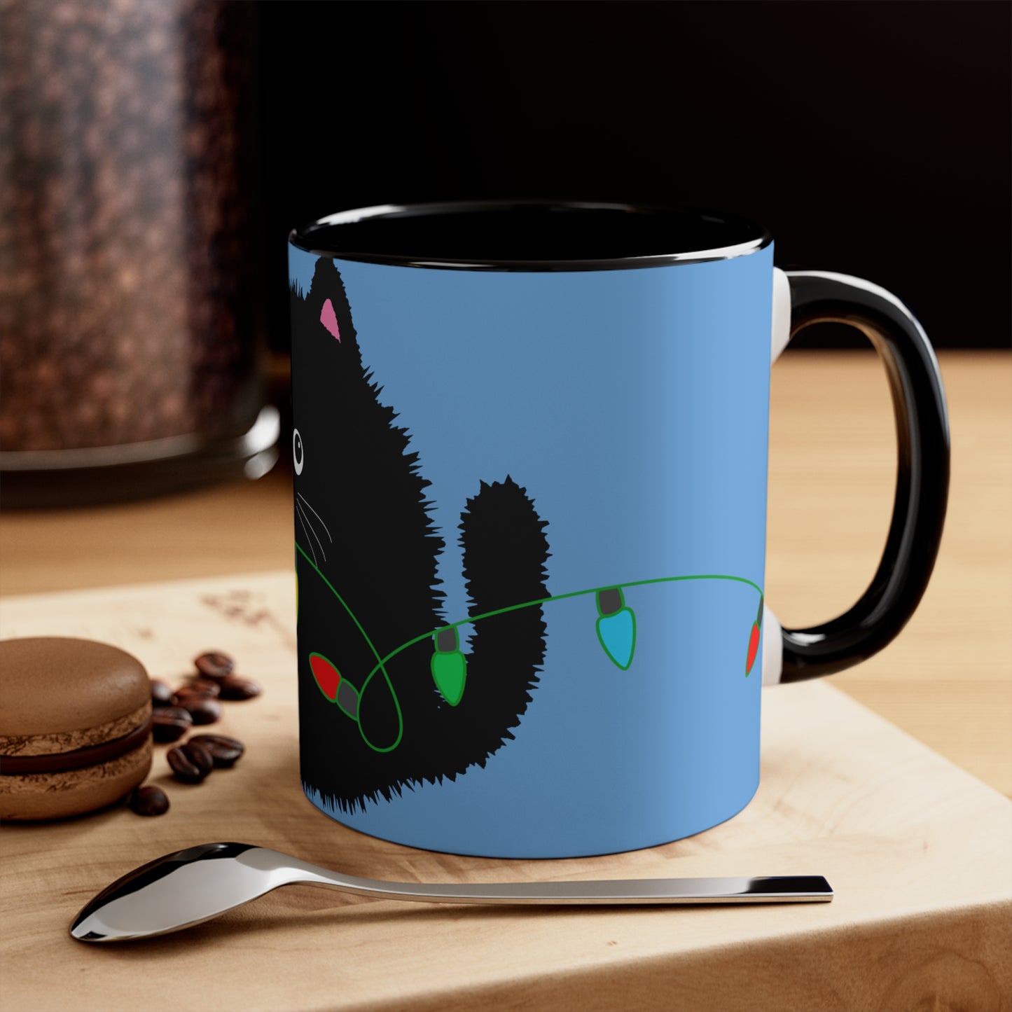 Adorable Cartoon Black Fluffy Cat with Christmas Lights Accent Coffee Mug, 11oz