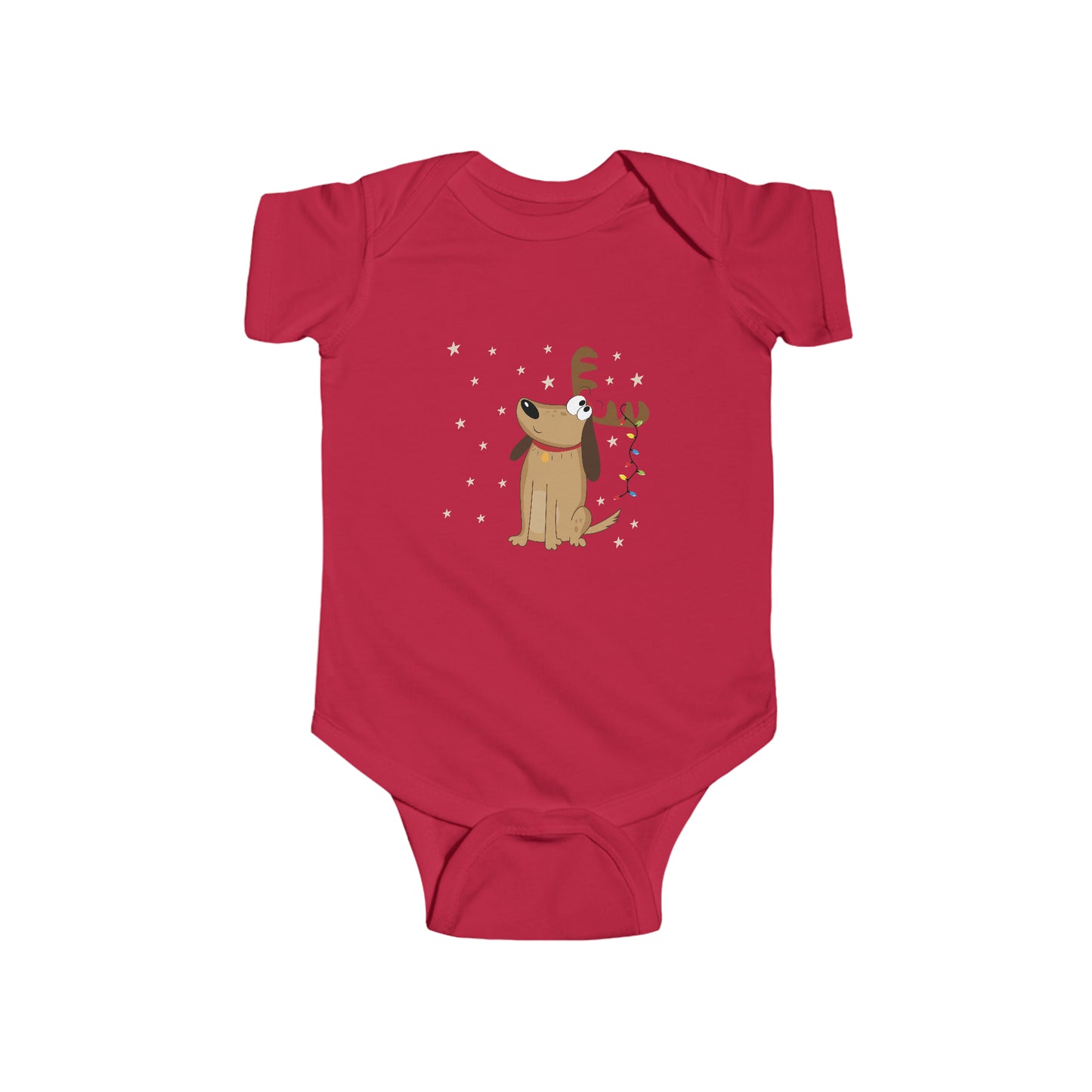 Infant Fine Jersey Bodysuit with Cartoon Reindeer Dog with Holiday Lights