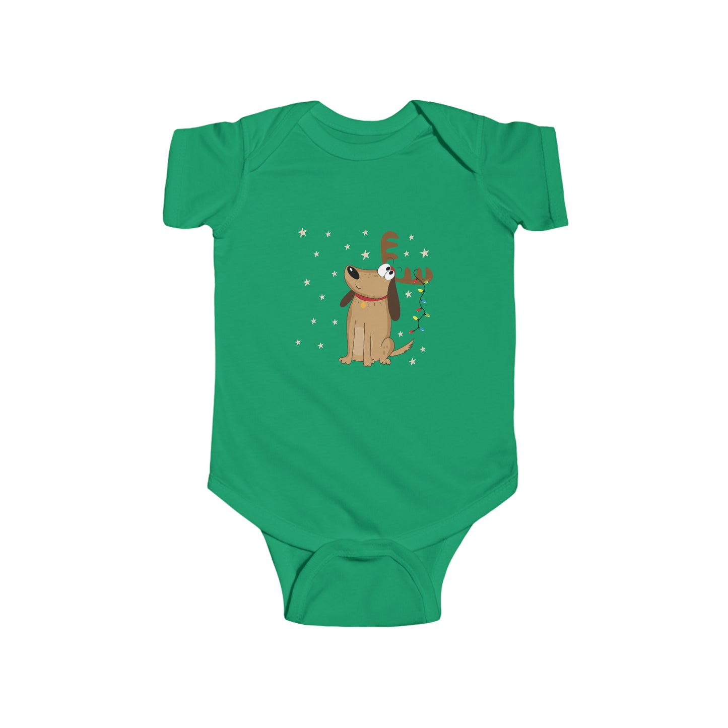 Infant Fine Jersey Bodysuit with Cartoon Reindeer Dog with Holiday Lights