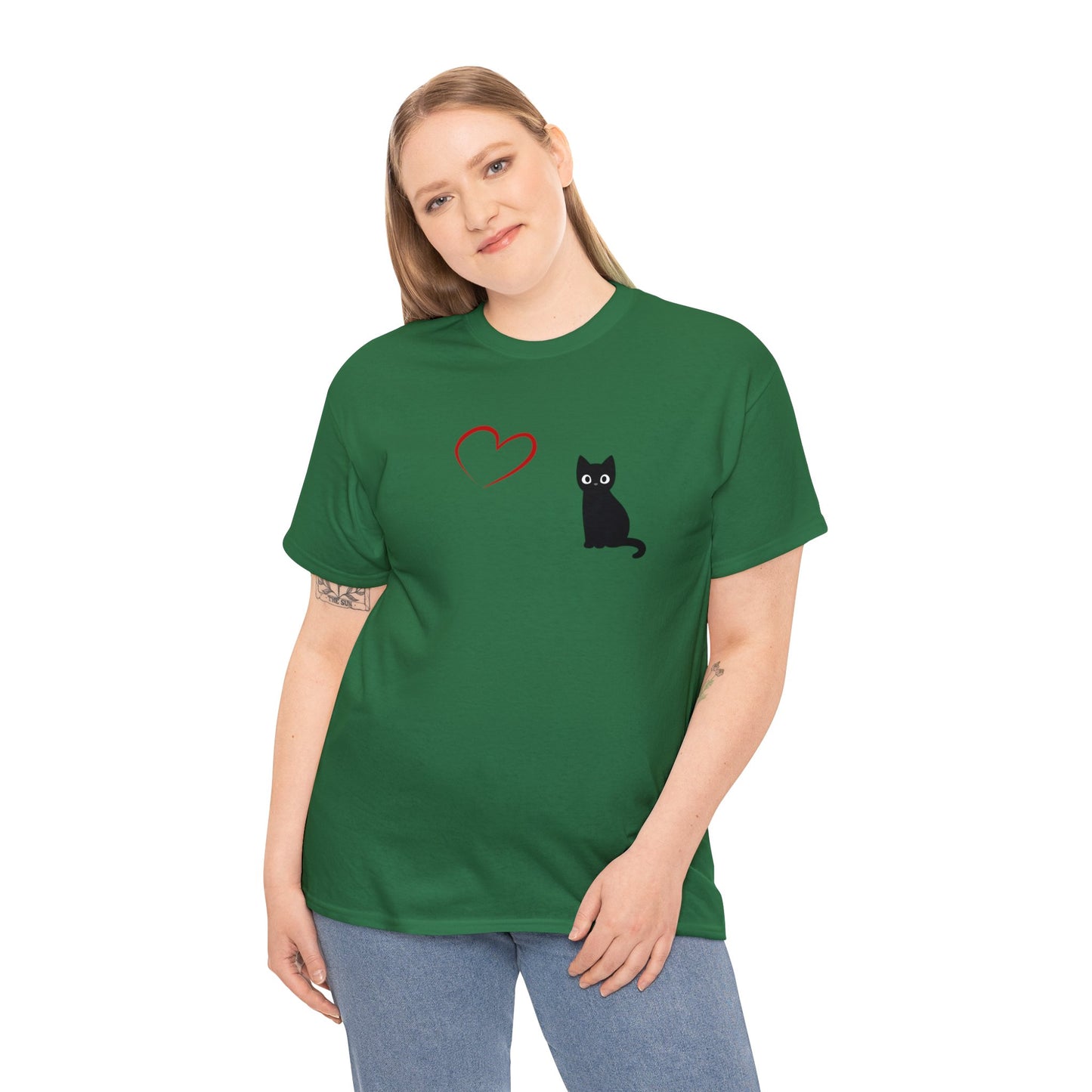 Adult Size Black Cartoon Cat with Red Heart Design, Unisex Heavy Cotton Tee