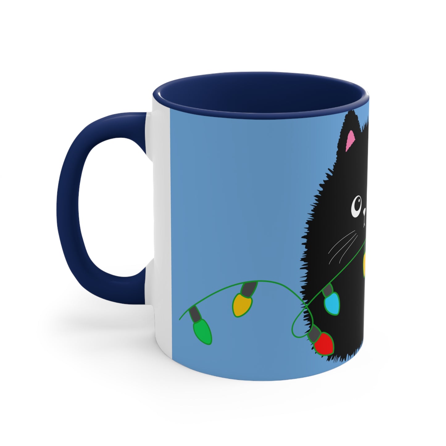 Adorable Cartoon Black Fluffy Cat with Christmas Lights Accent Coffee Mug, 11oz