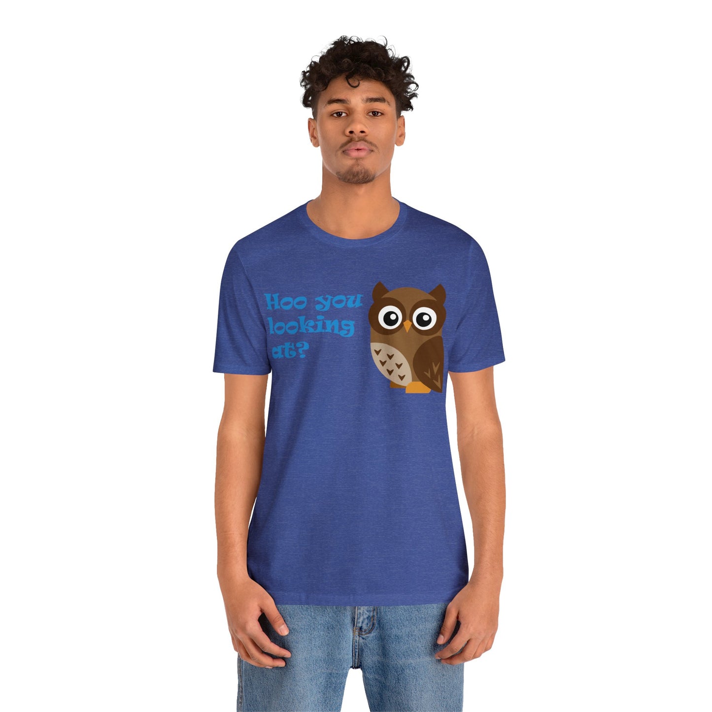 Adult Size Unisex Jersey Short Sleeve Tee with Cute Cartoon Owl saying "Hoo you looking at?"