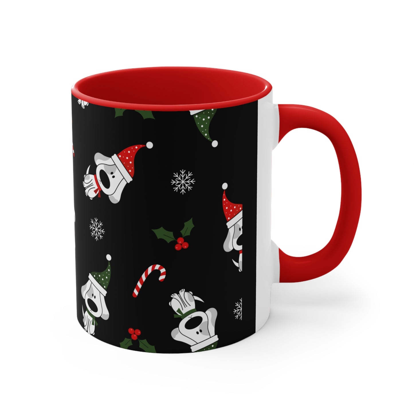 Christmas Coffee Mug with Fun Dog Design, Santa Hat, Candy Canes and Snow Flakes, 11oz