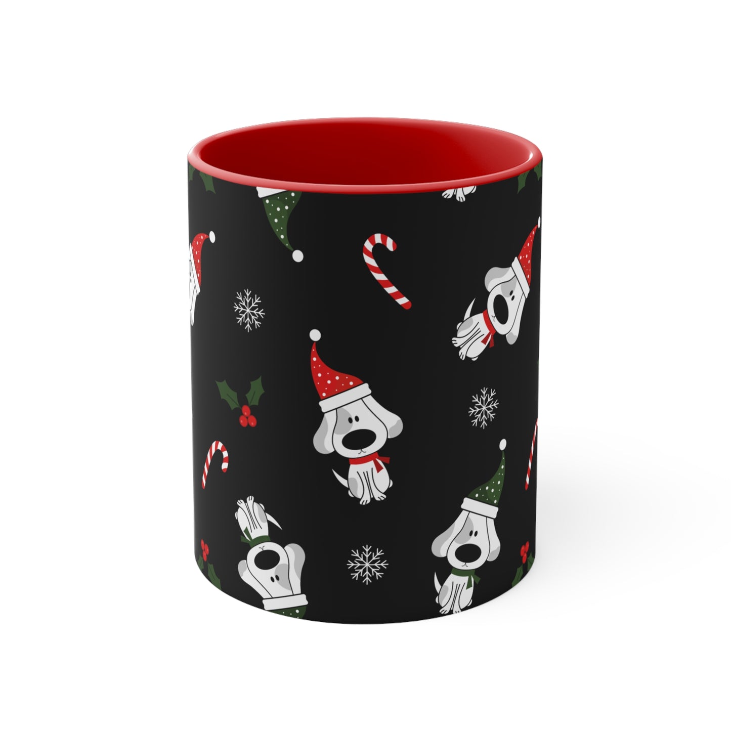 Christmas Coffee Mug with Fun Dog Design, Santa Hat, Candy Canes and Snow Flakes, 11oz