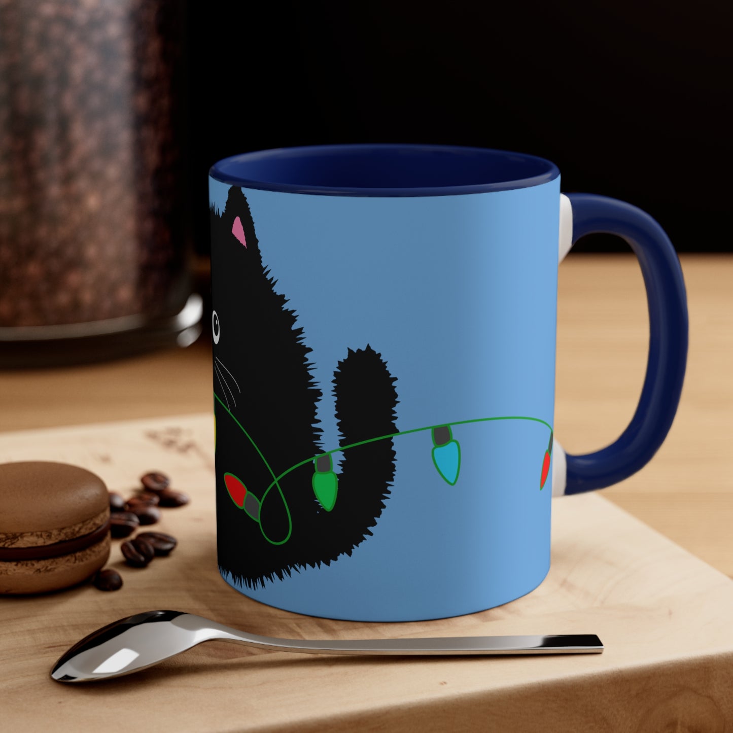 Adorable Cartoon Black Fluffy Cat with Christmas Lights Accent Coffee Mug, 11oz