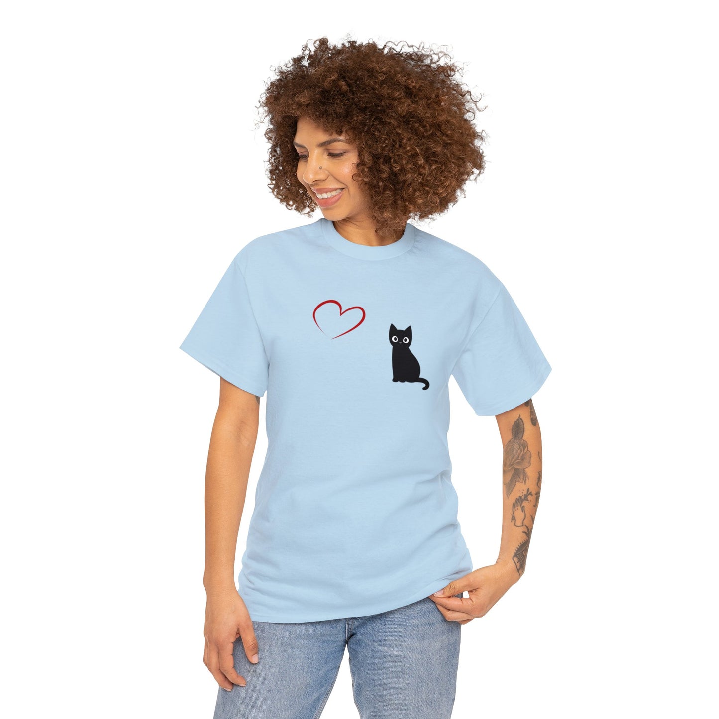 Adult Size Black Cartoon Cat with Red Heart Design, Unisex Heavy Cotton Tee