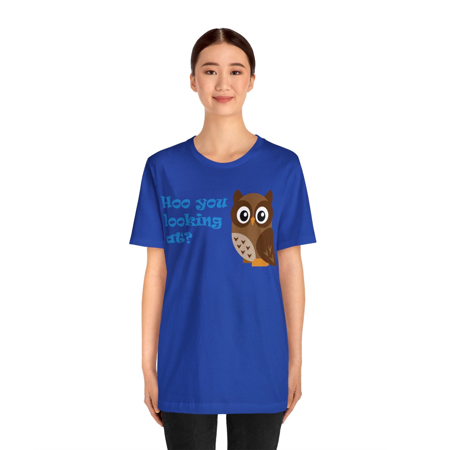 Adult Size Unisex Jersey Short Sleeve Tee with Cute Cartoon Owl saying "Hoo you looking at?"