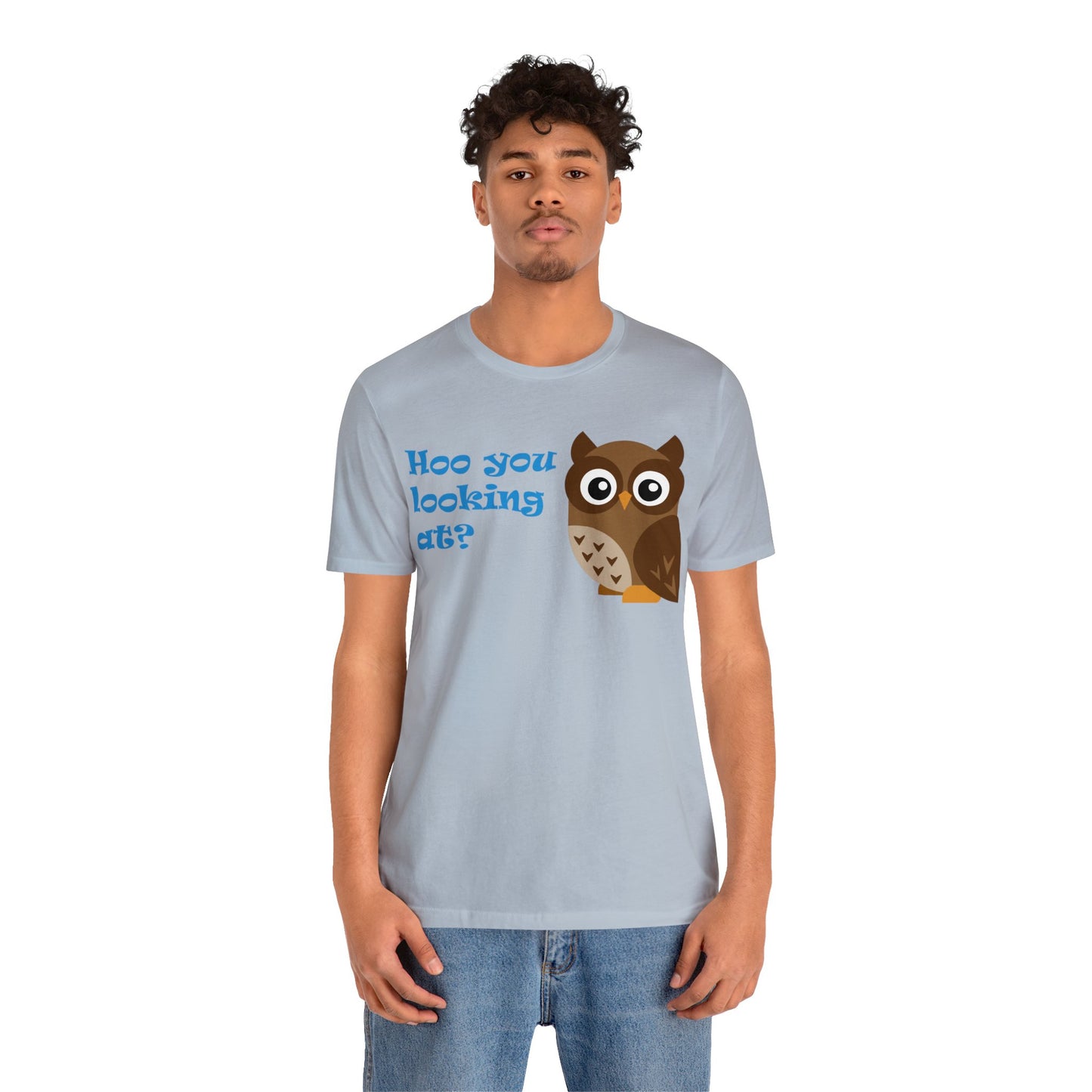 Adult Size Unisex Jersey Short Sleeve Tee with Cute Cartoon Owl saying "Hoo you looking at?"