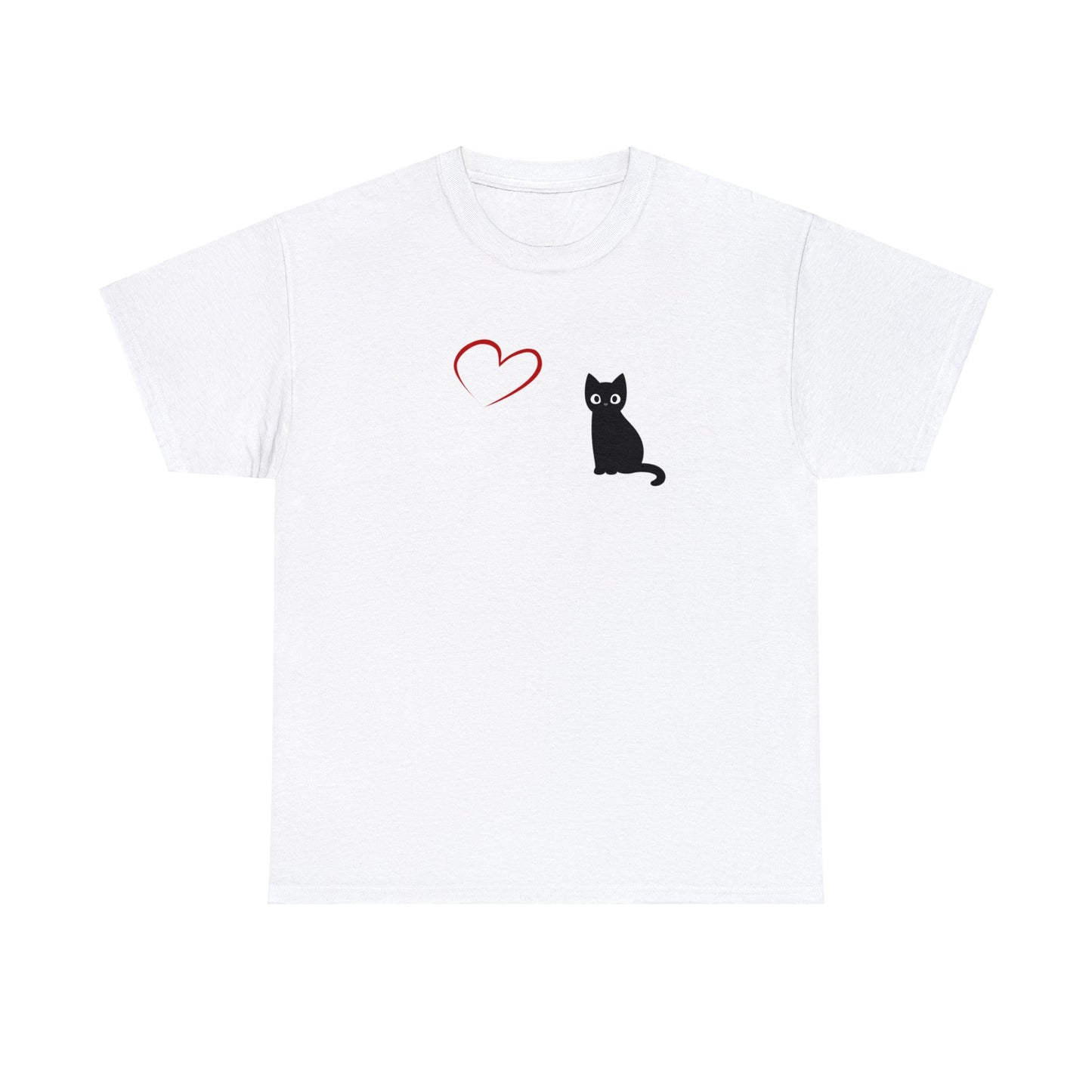 Adult Size Black Cartoon Cat with Red Heart Design, Unisex Heavy Cotton Tee