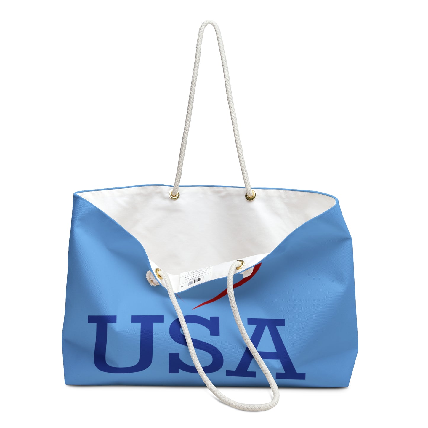 Weekender Bag, Blue in Color with Red Heart Design saying I love USA