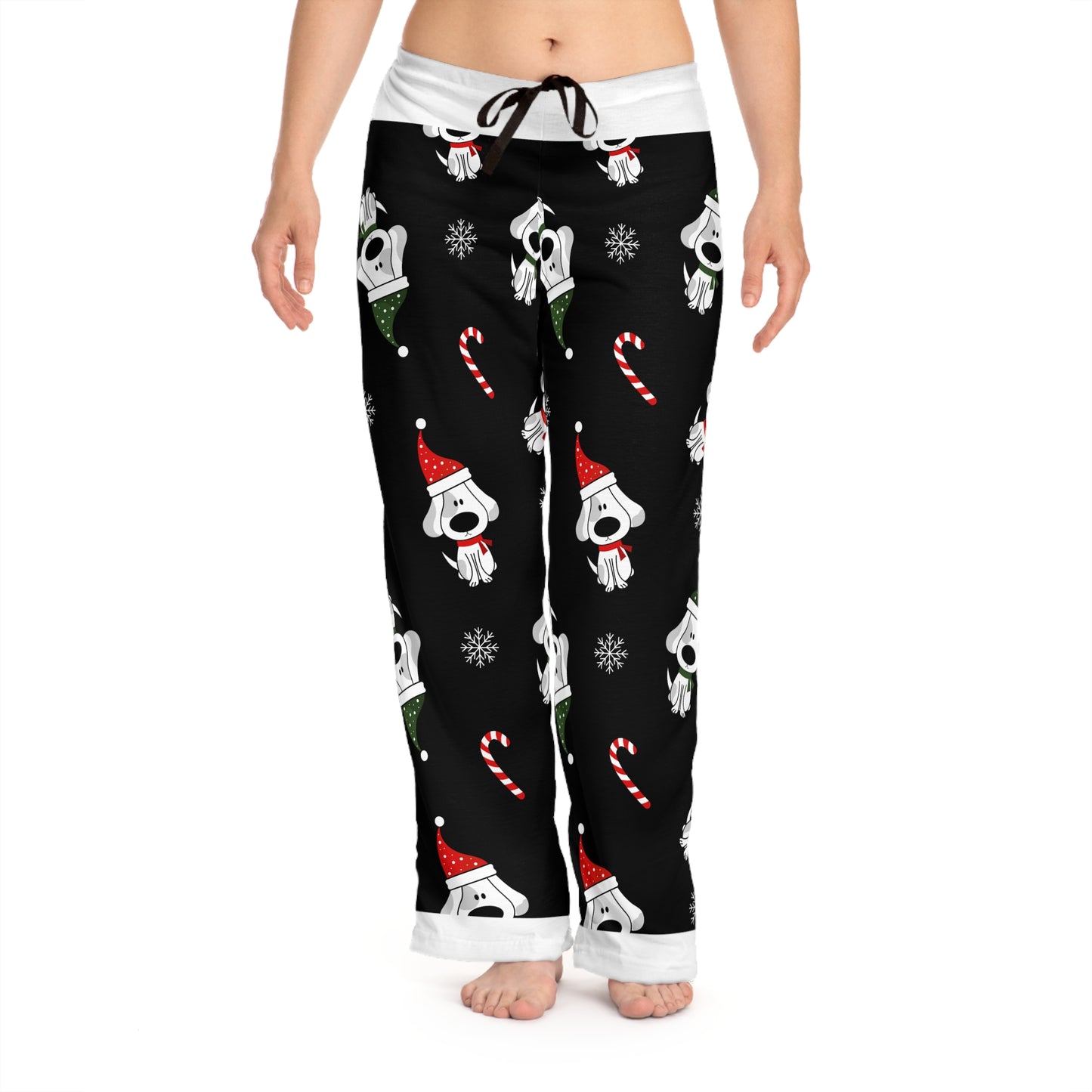 Women's Pajama Pants, Fun Christmas Dog Design with Santa Hat, Candy Canes and Snow Flakes