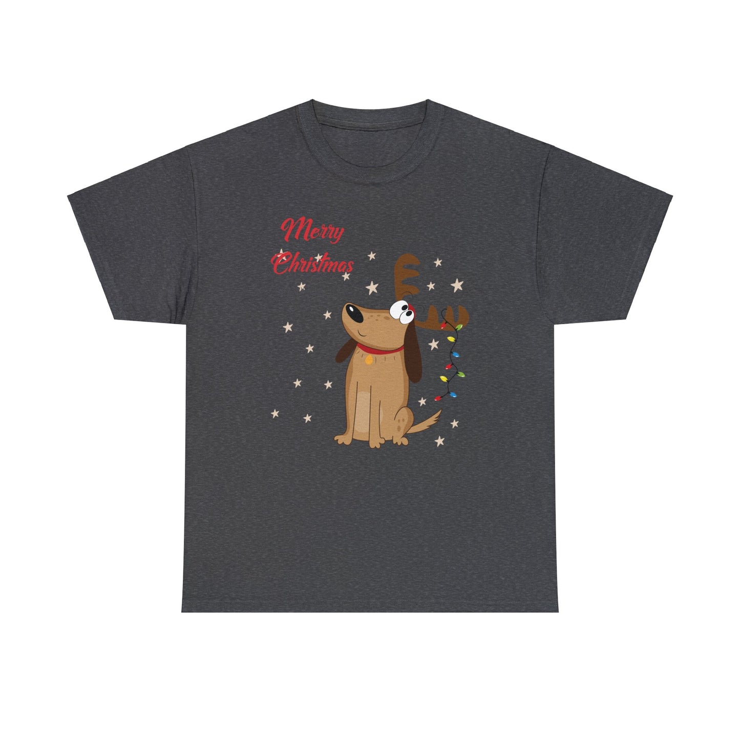 Adult Size Fun Holiday Dog Reindeer saying "Merry Christmas & Happy New Year" with Holiday Lights and Snowflakes, Unisex Heavy Cotton Tee