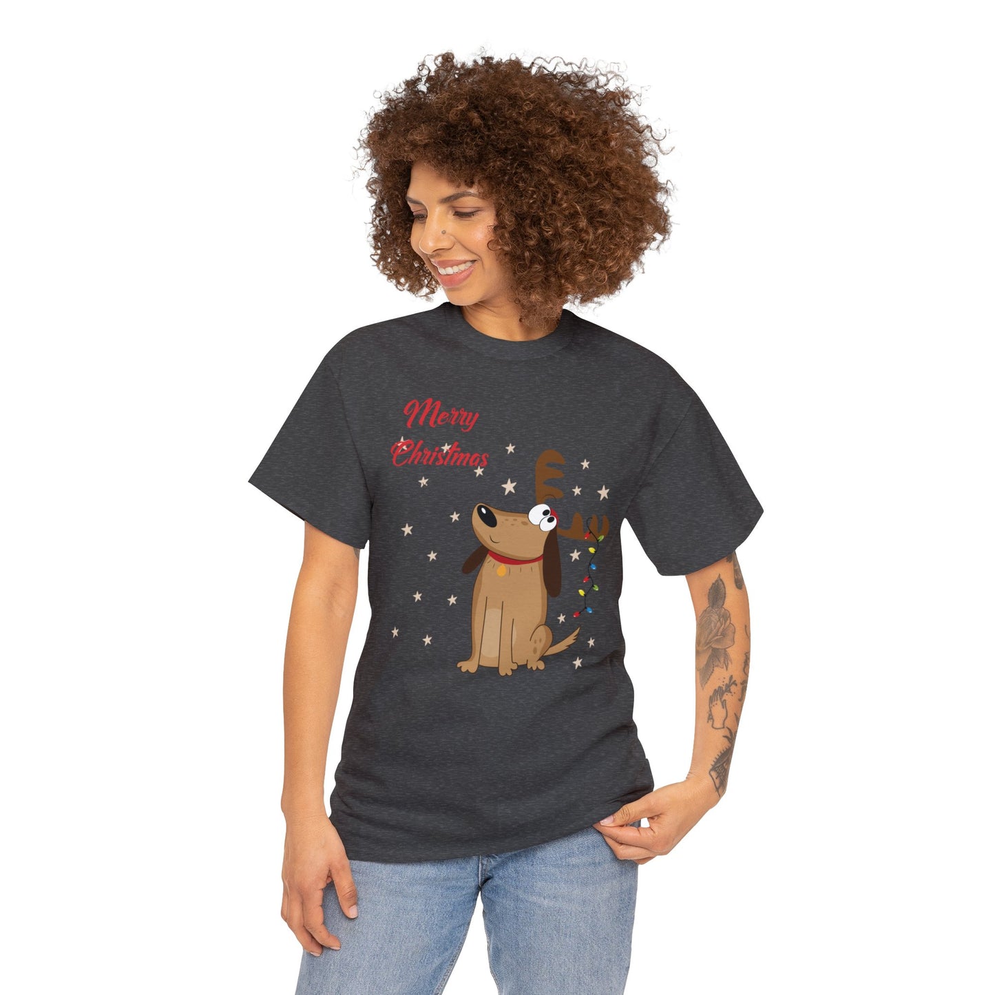 Adult Size Fun Holiday Dog Reindeer saying "Merry Christmas & Happy New Year" with Holiday Lights and Snowflakes, Unisex Heavy Cotton Tee