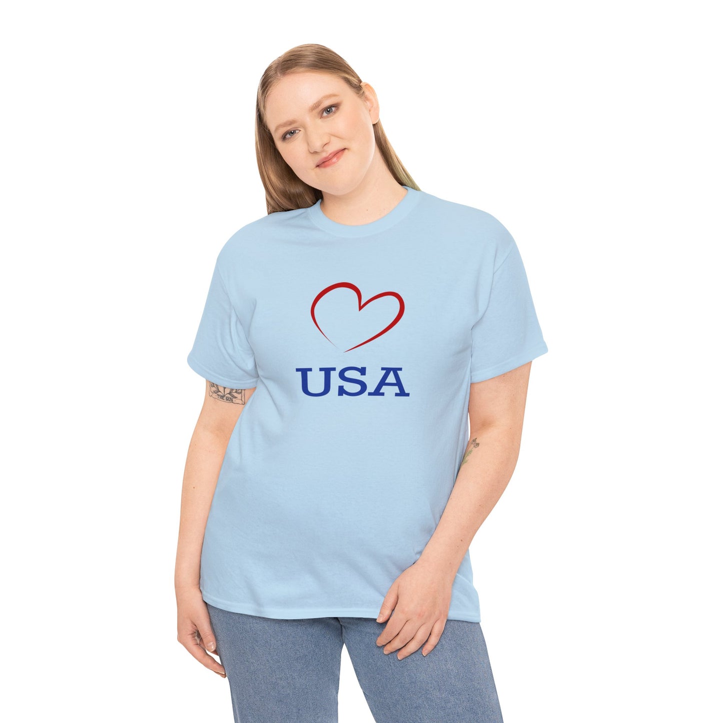 Unisex Heavy Cotton Tee with Red Heart and I Love USA Design