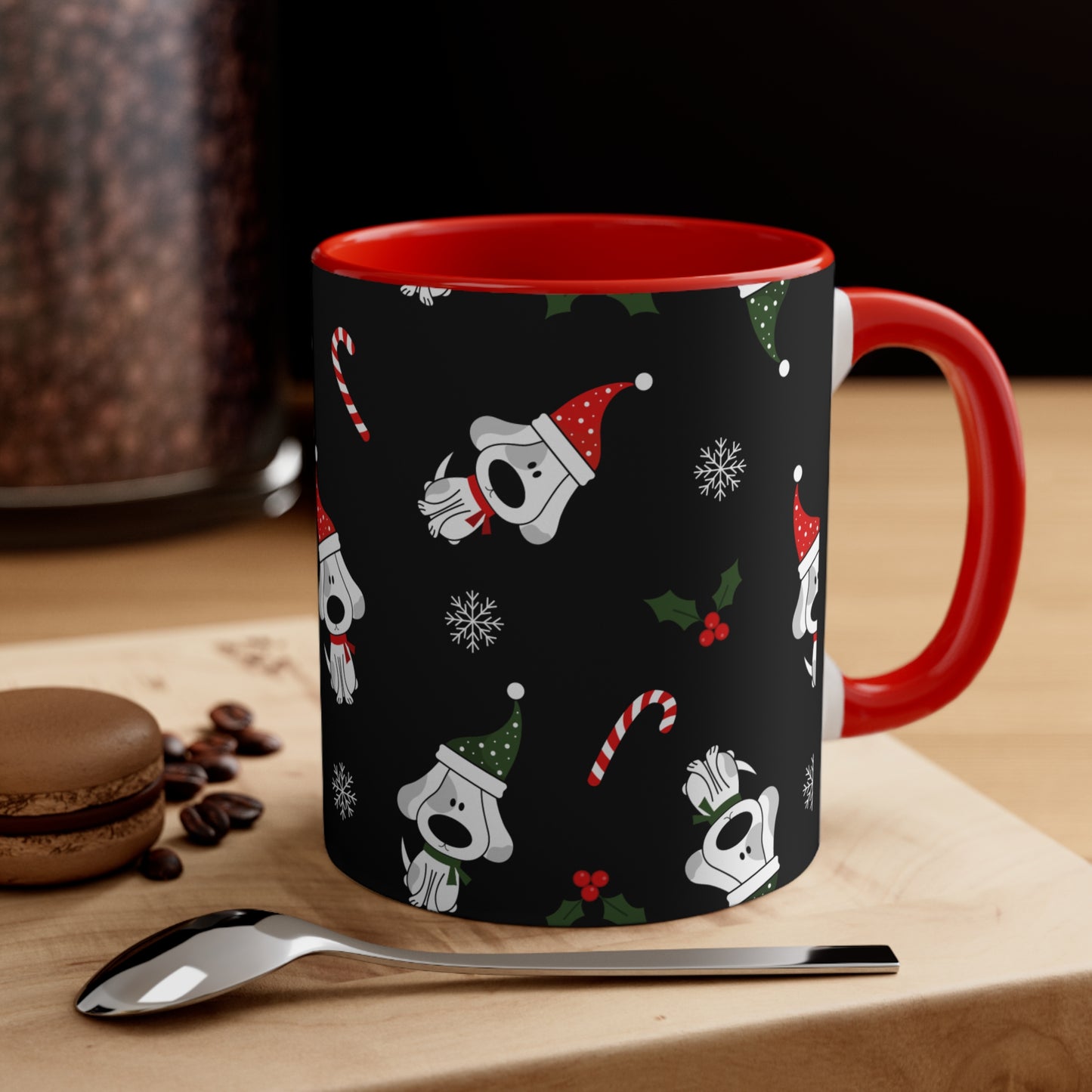 Christmas Coffee Mug with Fun Dog Design, Santa Hat, Candy Canes and Snow Flakes, 11oz