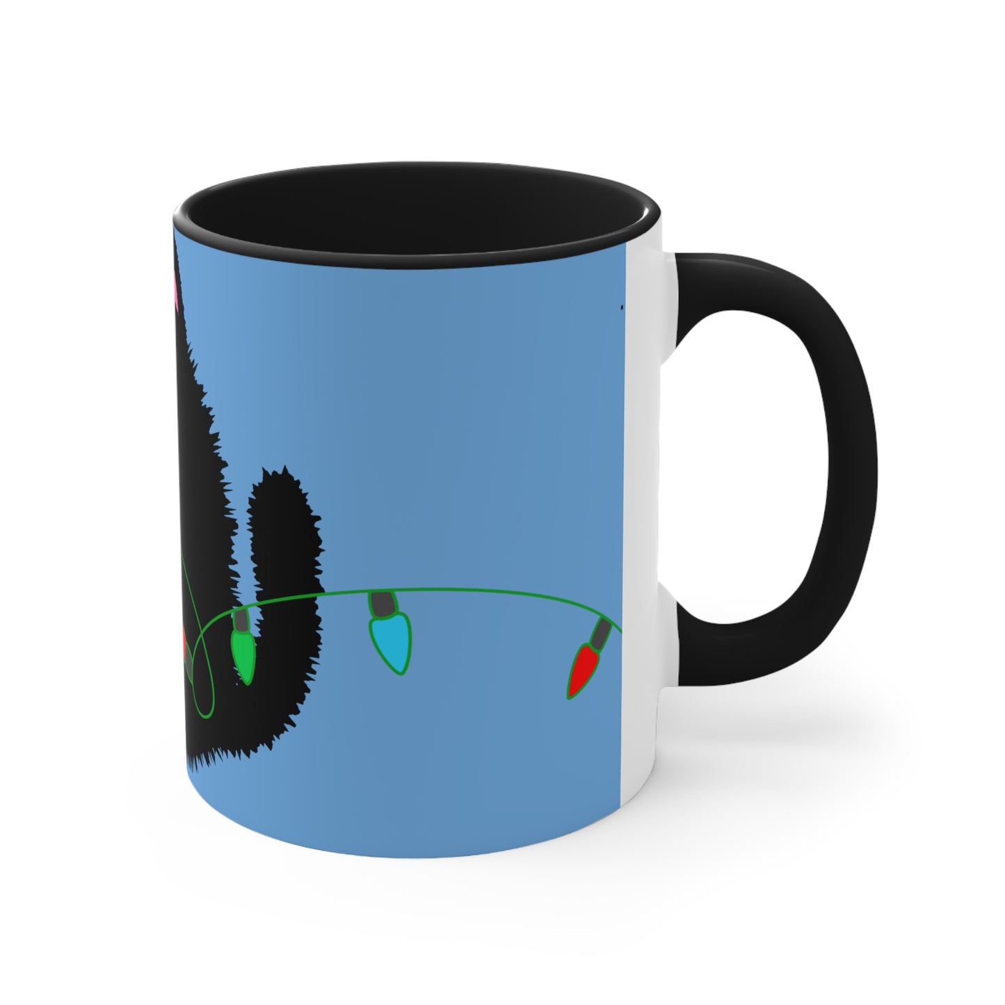 Adorable Cartoon Black Fluffy Cat with Christmas Lights Accent Coffee Mug, 11oz