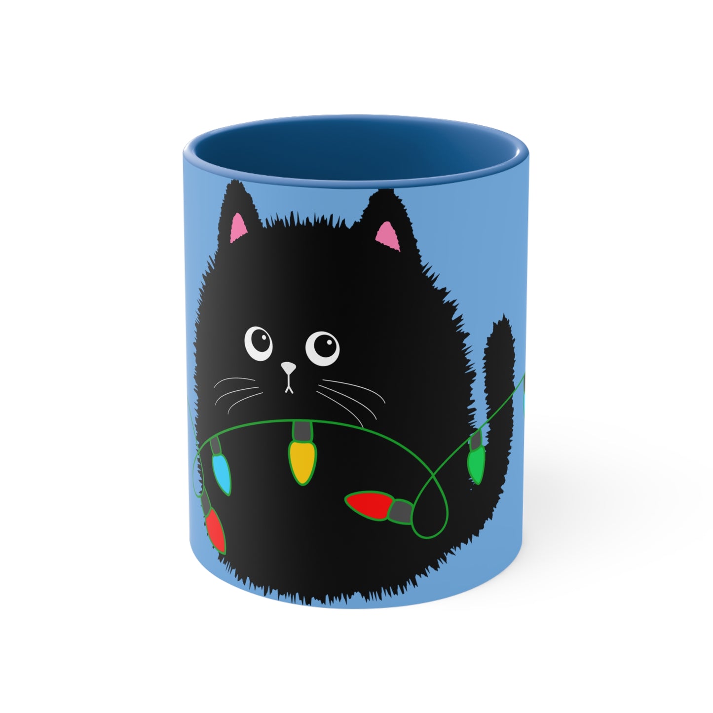 Adorable Cartoon Black Fluffy Cat with Christmas Lights Accent Coffee Mug, 11oz