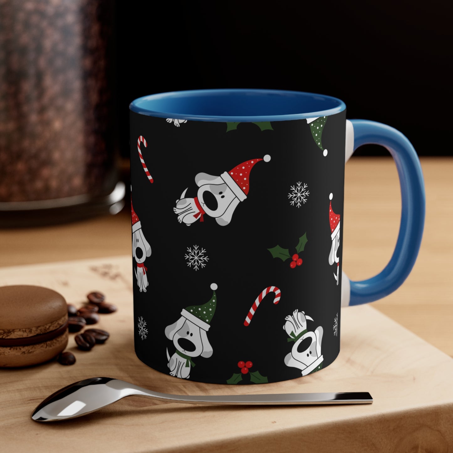 Christmas Coffee Mug with Fun Dog Design, Santa Hat, Candy Canes and Snow Flakes, 11oz