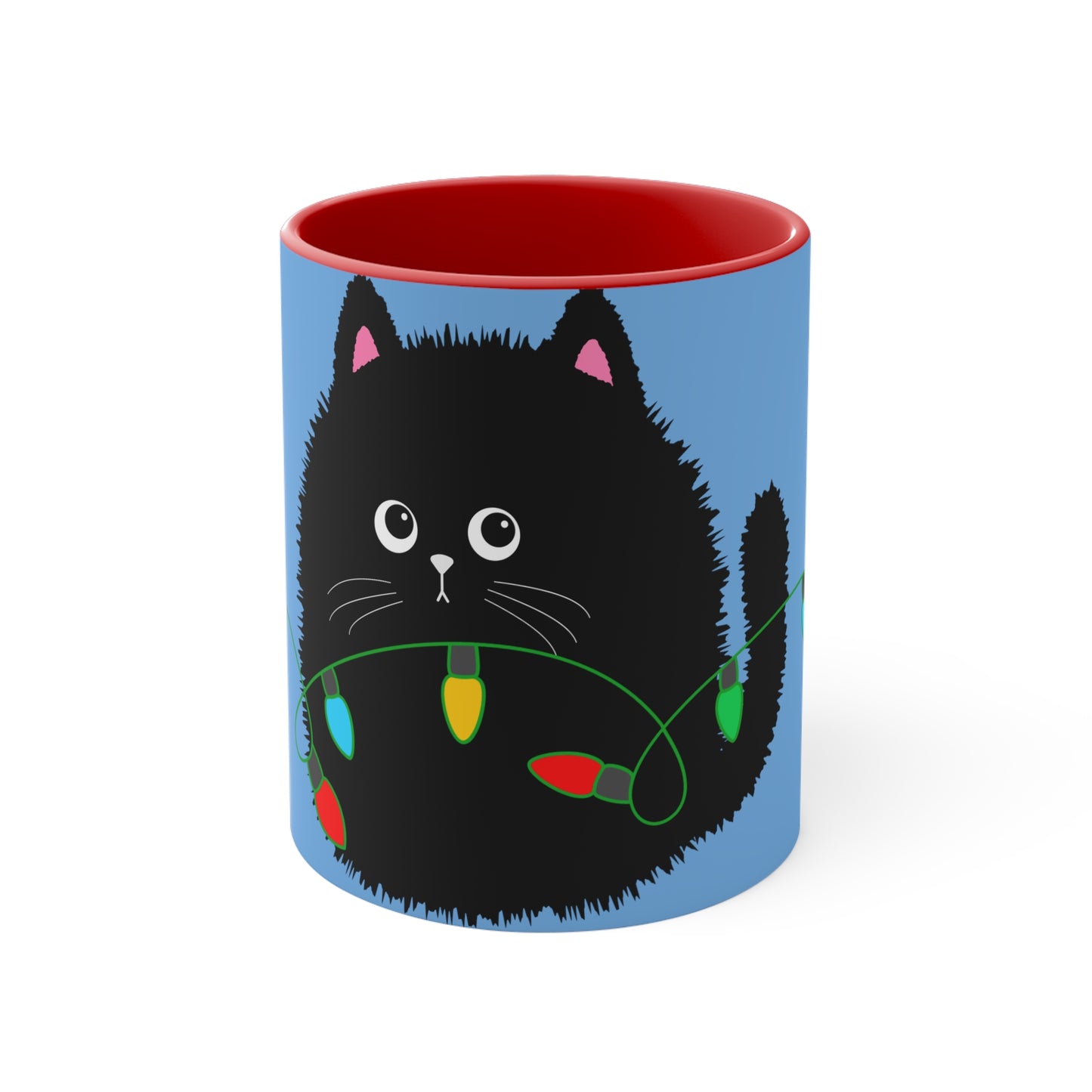 Adorable Cartoon Black Fluffy Cat with Christmas Lights Accent Coffee Mug, 11oz