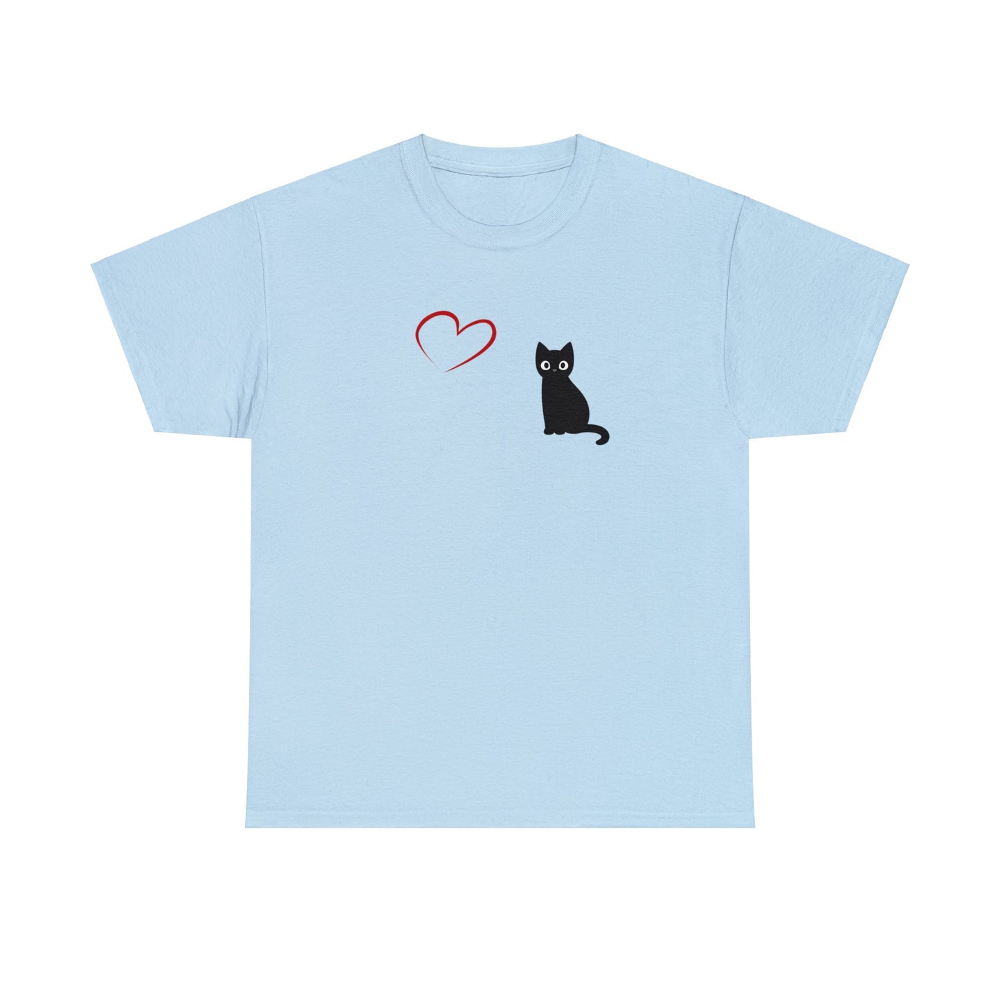 Adult Size Black Cartoon Cat with Red Heart Design, Unisex Heavy Cotton Tee