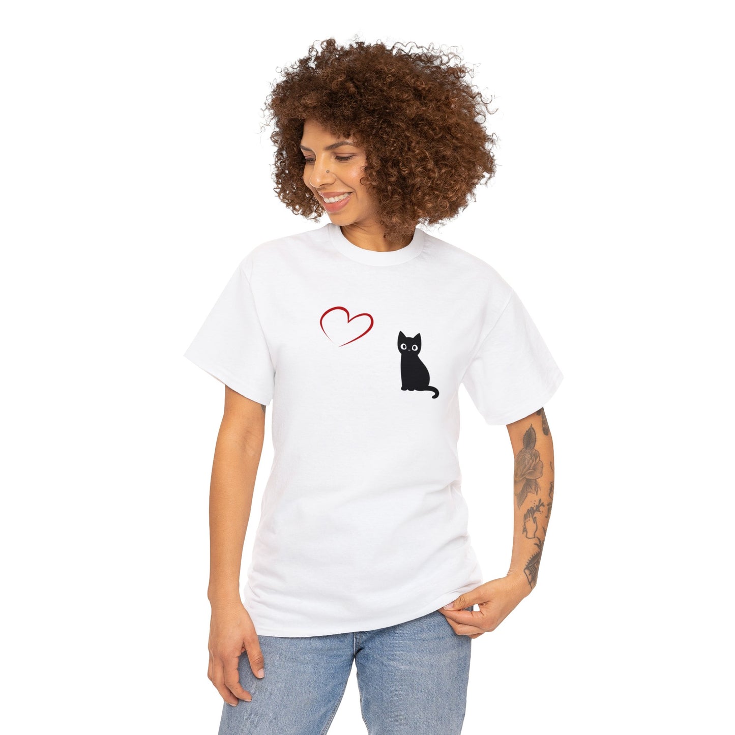 Adult Size Black Cartoon Cat with Red Heart Design, Unisex Heavy Cotton Tee