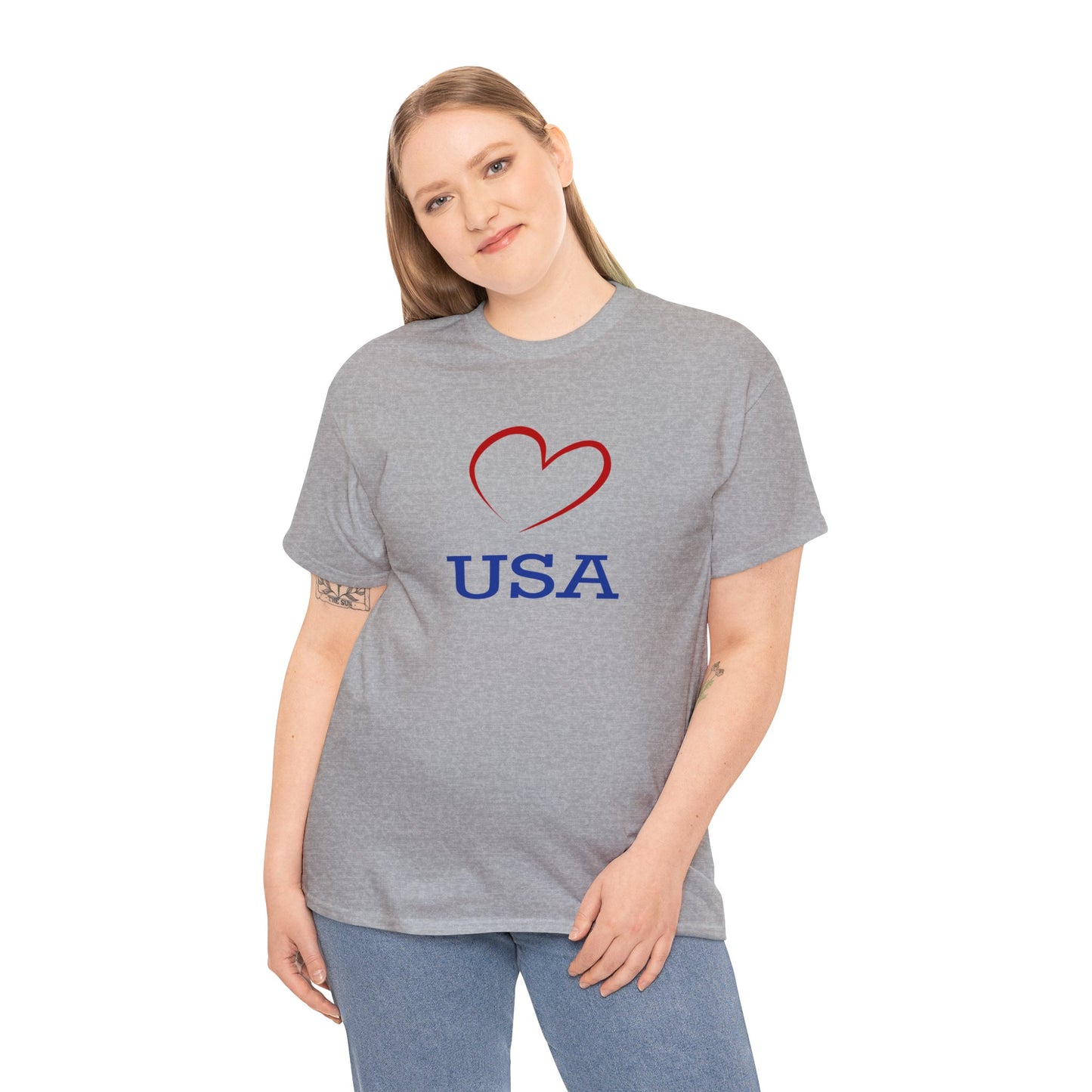 Unisex Heavy Cotton Tee with Red Heart and I Love USA Design