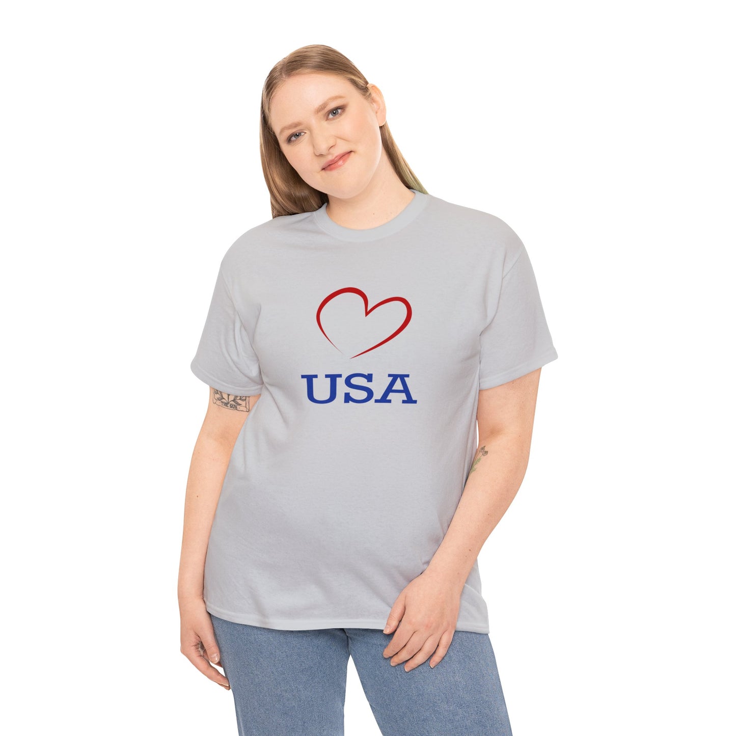 Unisex Heavy Cotton Tee with Red Heart and I Love USA Design