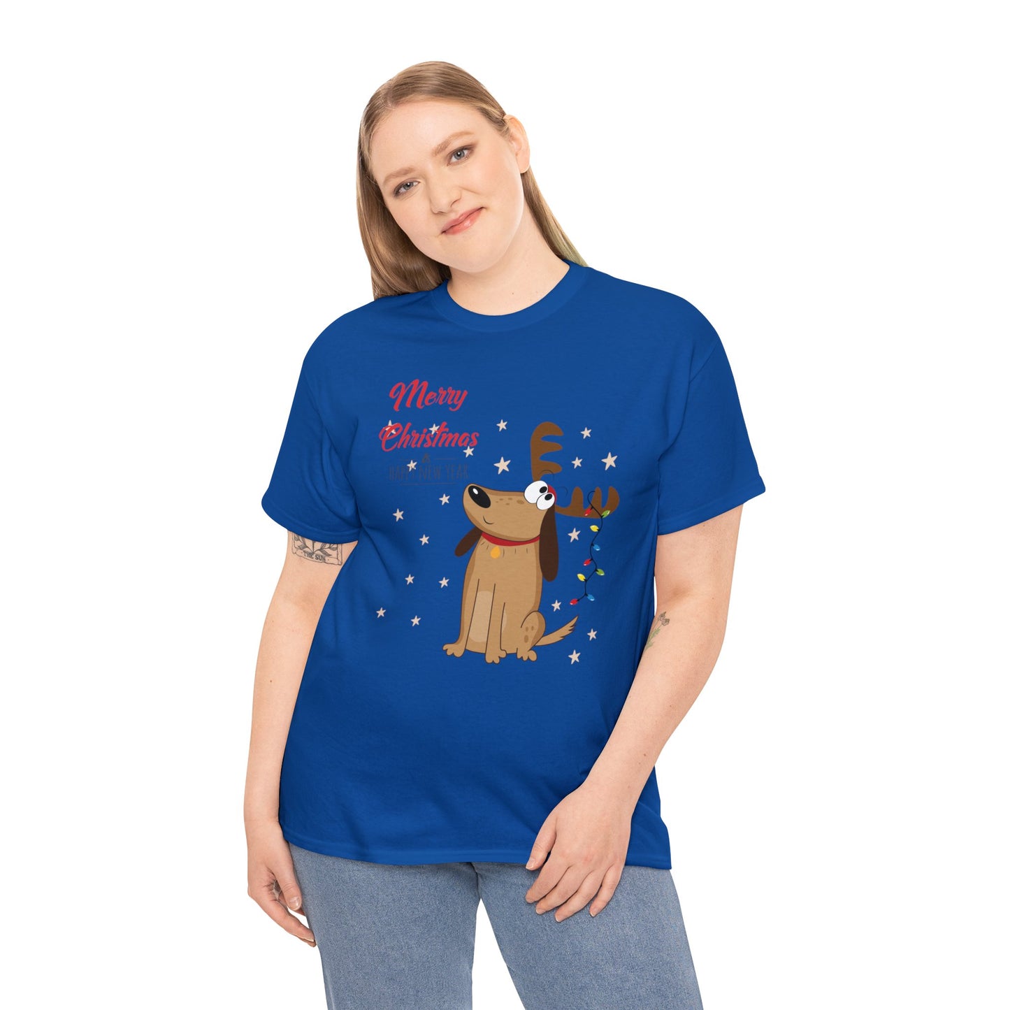 Adult Size Fun Holiday Dog Reindeer saying "Merry Christmas & Happy New Year" with Holiday Lights and Snowflakes, Unisex Heavy Cotton Tee