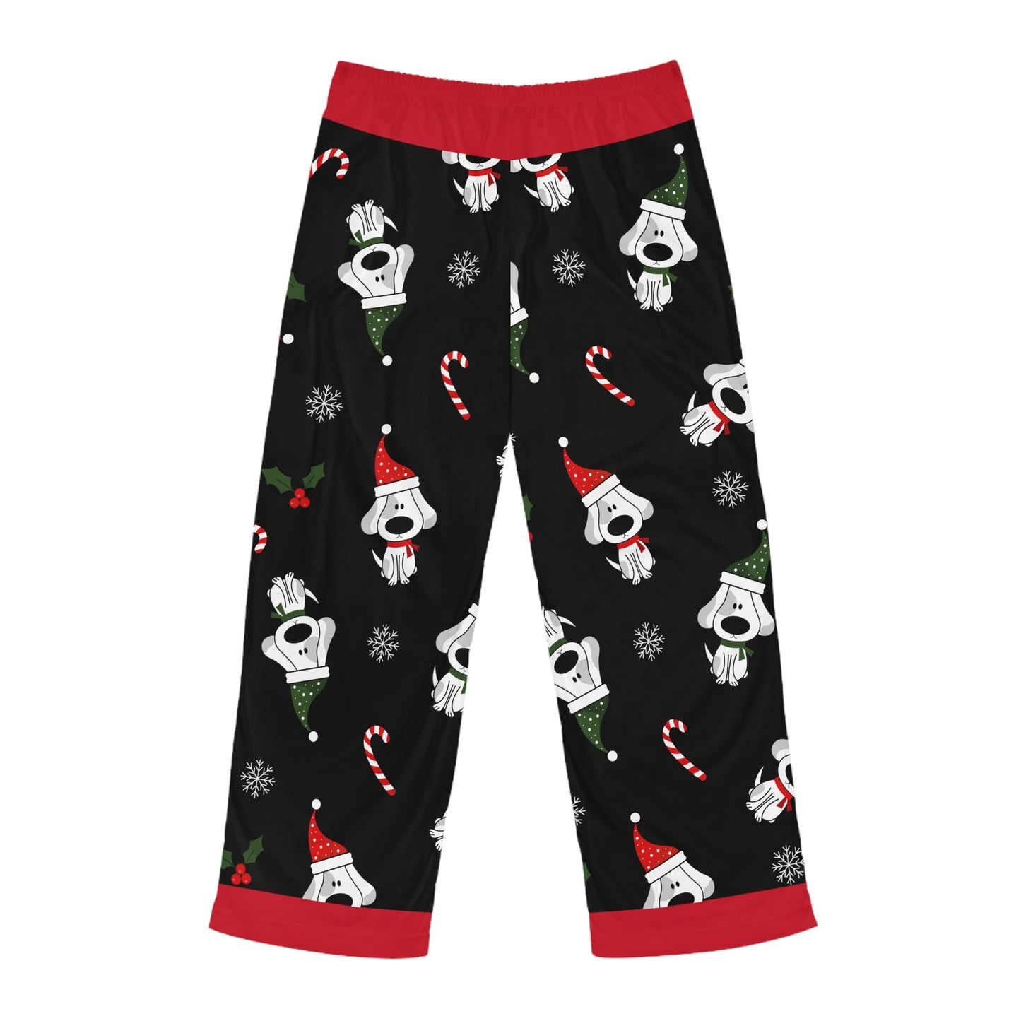 Men's Pajama Pants, Fun Christmas Dog Design with Santa Hat, Candy Canes and Snow Flakes