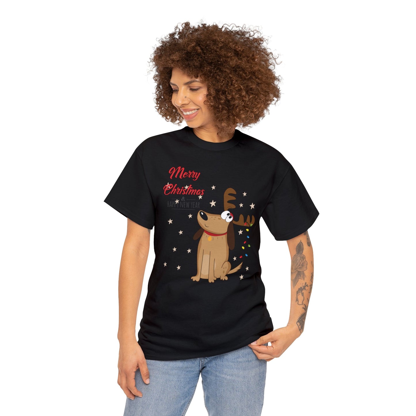 Adult Size Fun Holiday Dog Reindeer saying "Merry Christmas & Happy New Year" with Holiday Lights and Snowflakes, Unisex Heavy Cotton Tee