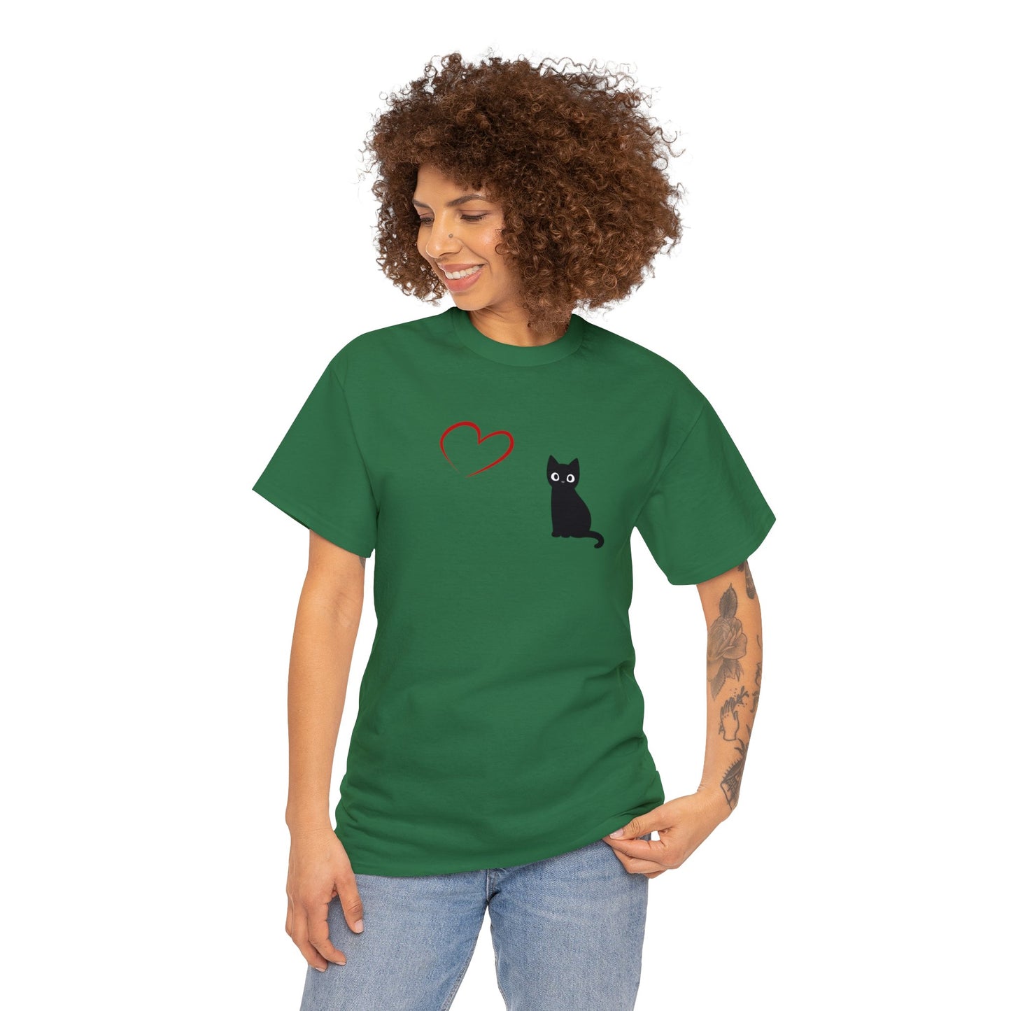 Adult Size Black Cartoon Cat with Red Heart Design, Unisex Heavy Cotton Tee