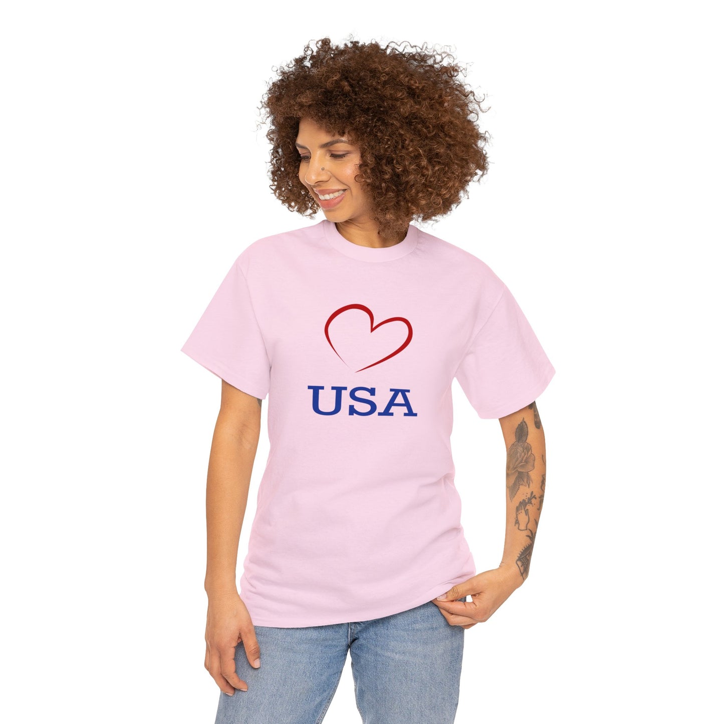 Unisex Heavy Cotton Tee with Red Heart and I Love USA Design