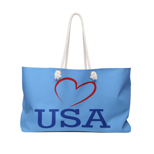 Weekender Bag, Blue in Color with Red Heart Design saying I love USA