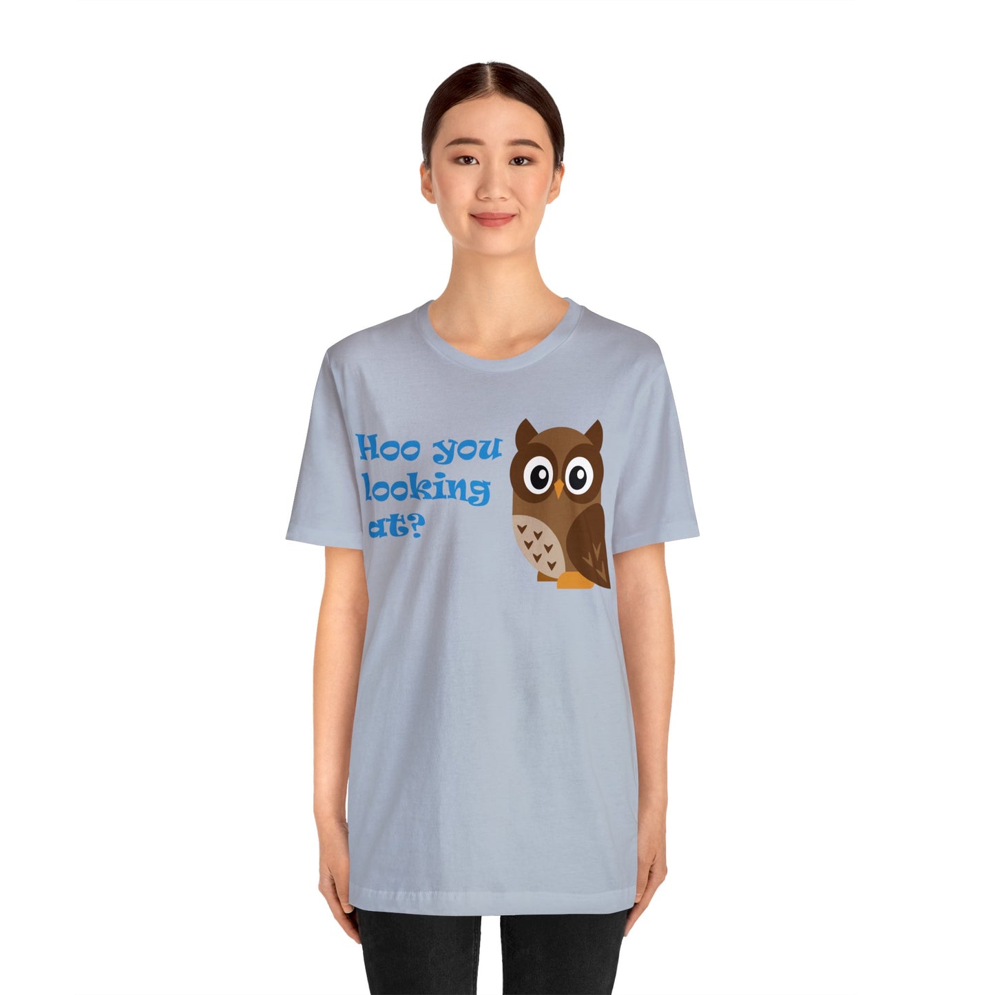 Adult Size Unisex Jersey Short Sleeve Tee with Cute Cartoon Owl saying "Hoo you looking at?"