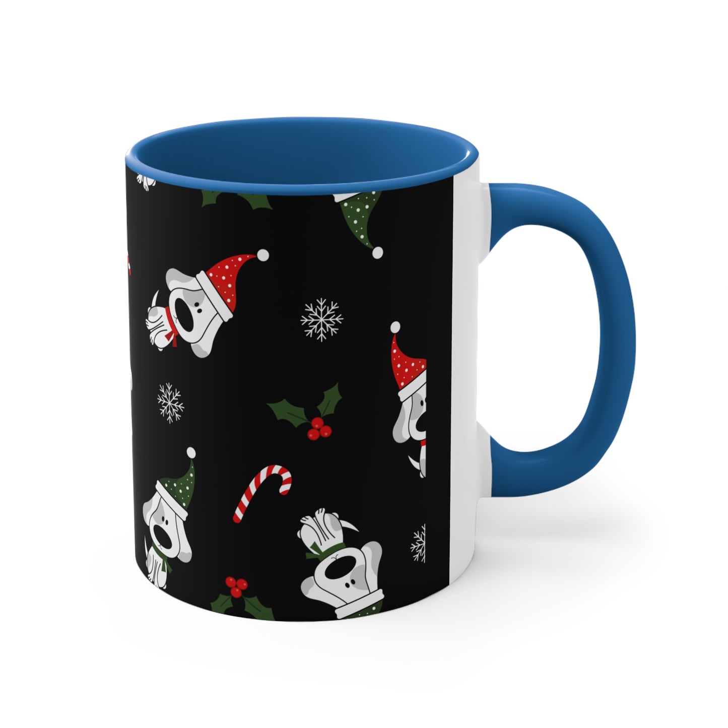 Christmas Coffee Mug with Fun Dog Design, Santa Hat, Candy Canes and Snow Flakes, 11oz