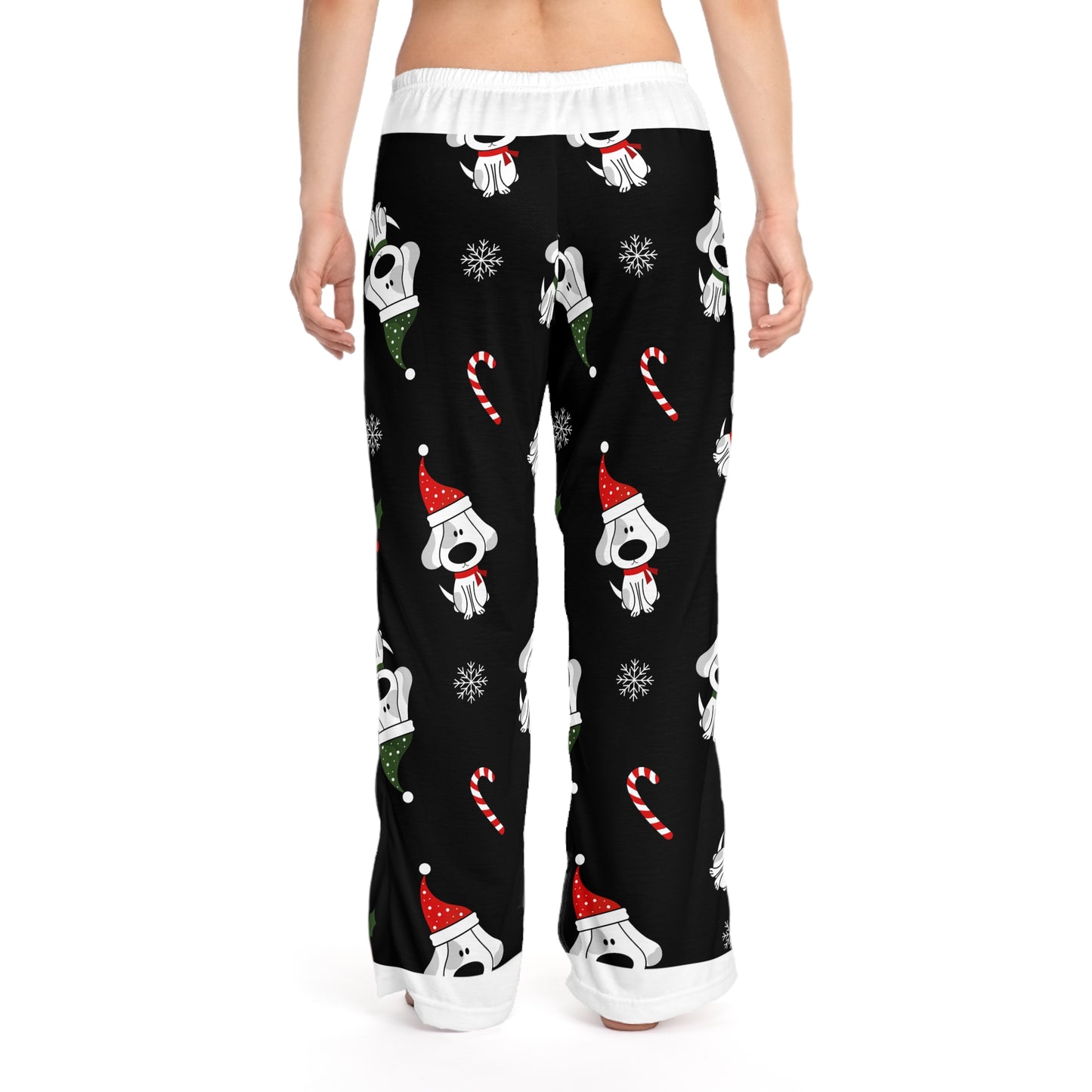 Women's Pajama Pants, Fun Christmas Dog Design with Santa Hat, Candy Canes and Snow Flakes