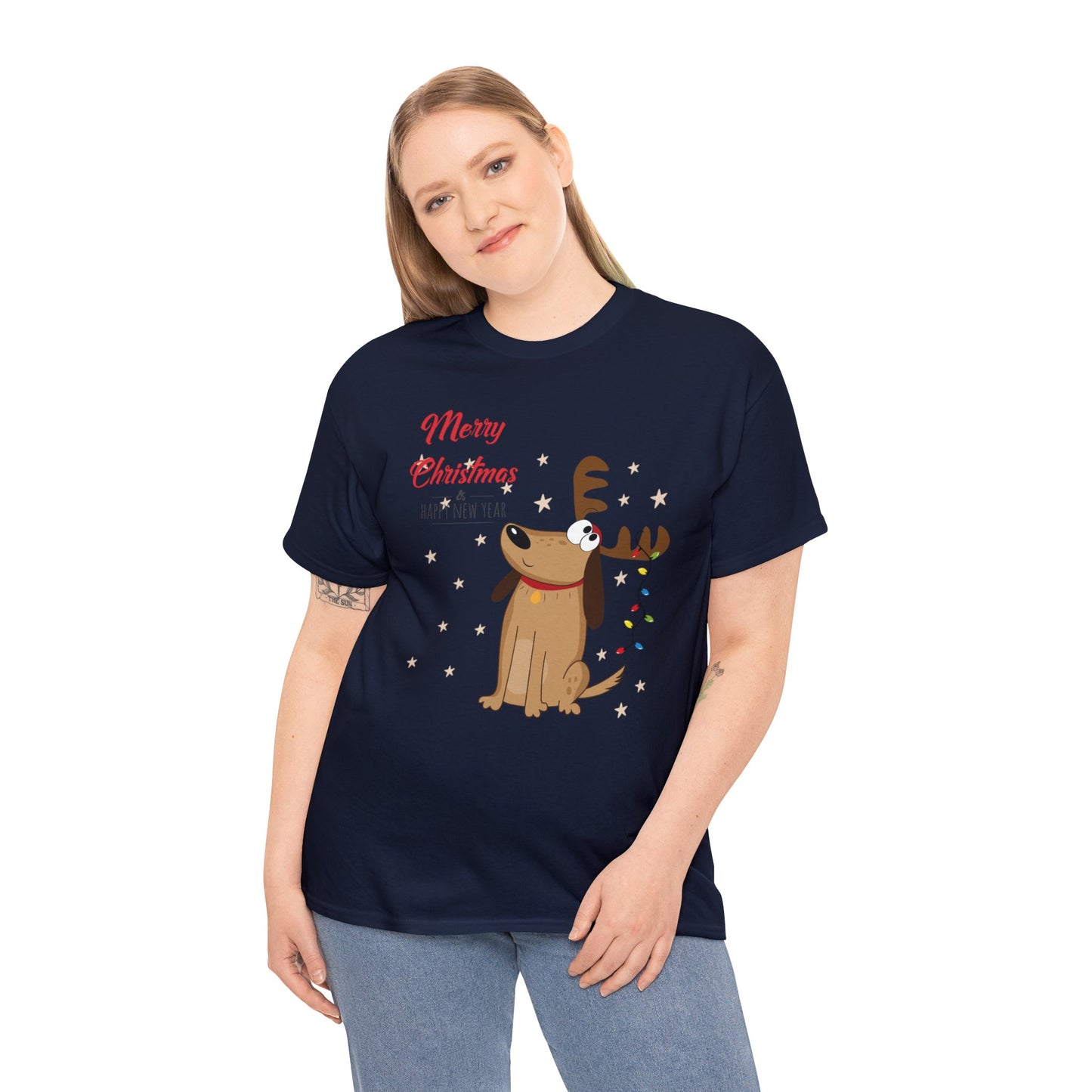 Adult Size Fun Holiday Dog Reindeer saying "Merry Christmas & Happy New Year" with Holiday Lights and Snowflakes, Unisex Heavy Cotton Tee