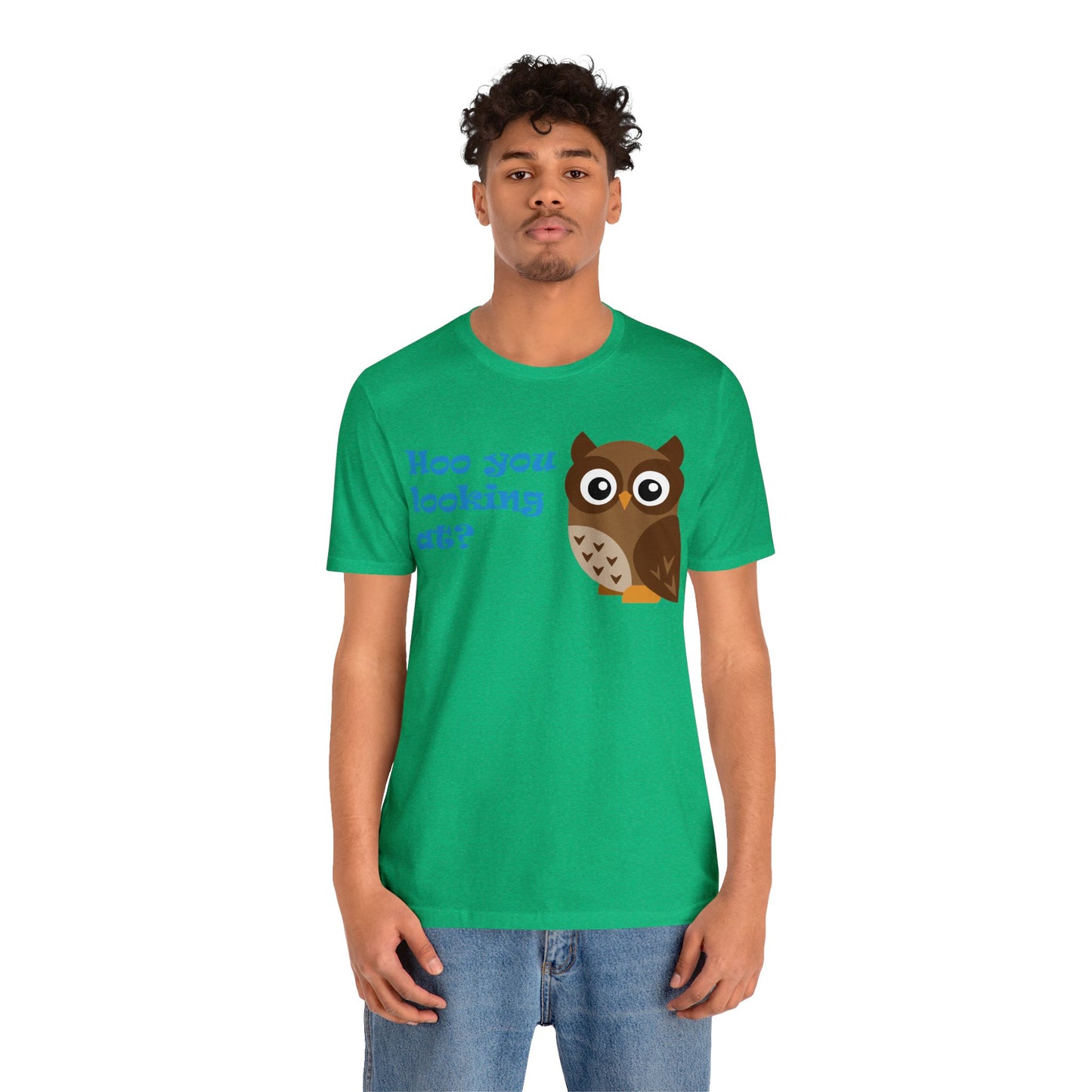 Adult Size Unisex Jersey Short Sleeve Tee with Cute Cartoon Owl saying "Hoo you looking at?"