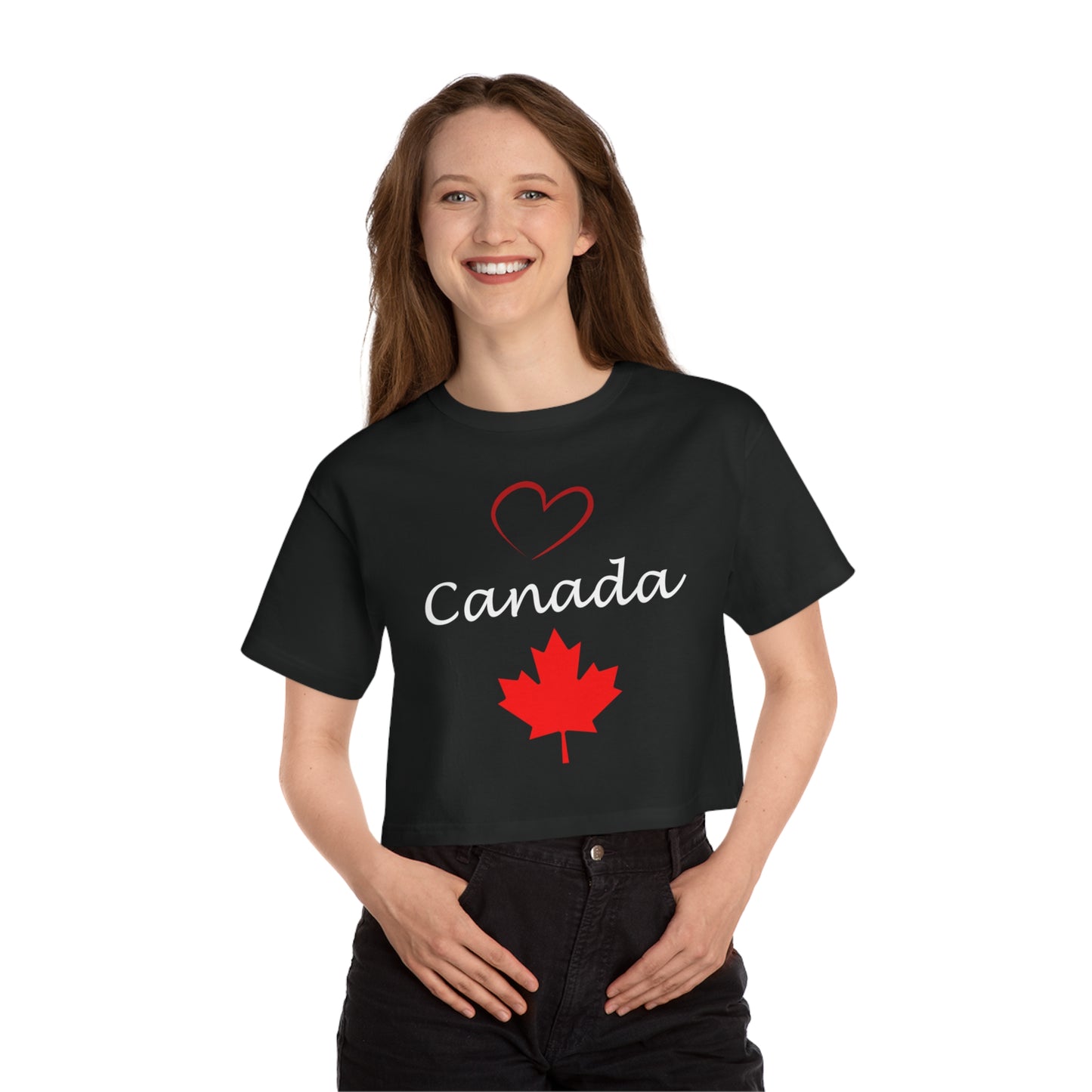 Champion Women's Heritage Cropped T-Shirt with Love Canada Design, with Red Heart, Canada, and Red Maple Leaf